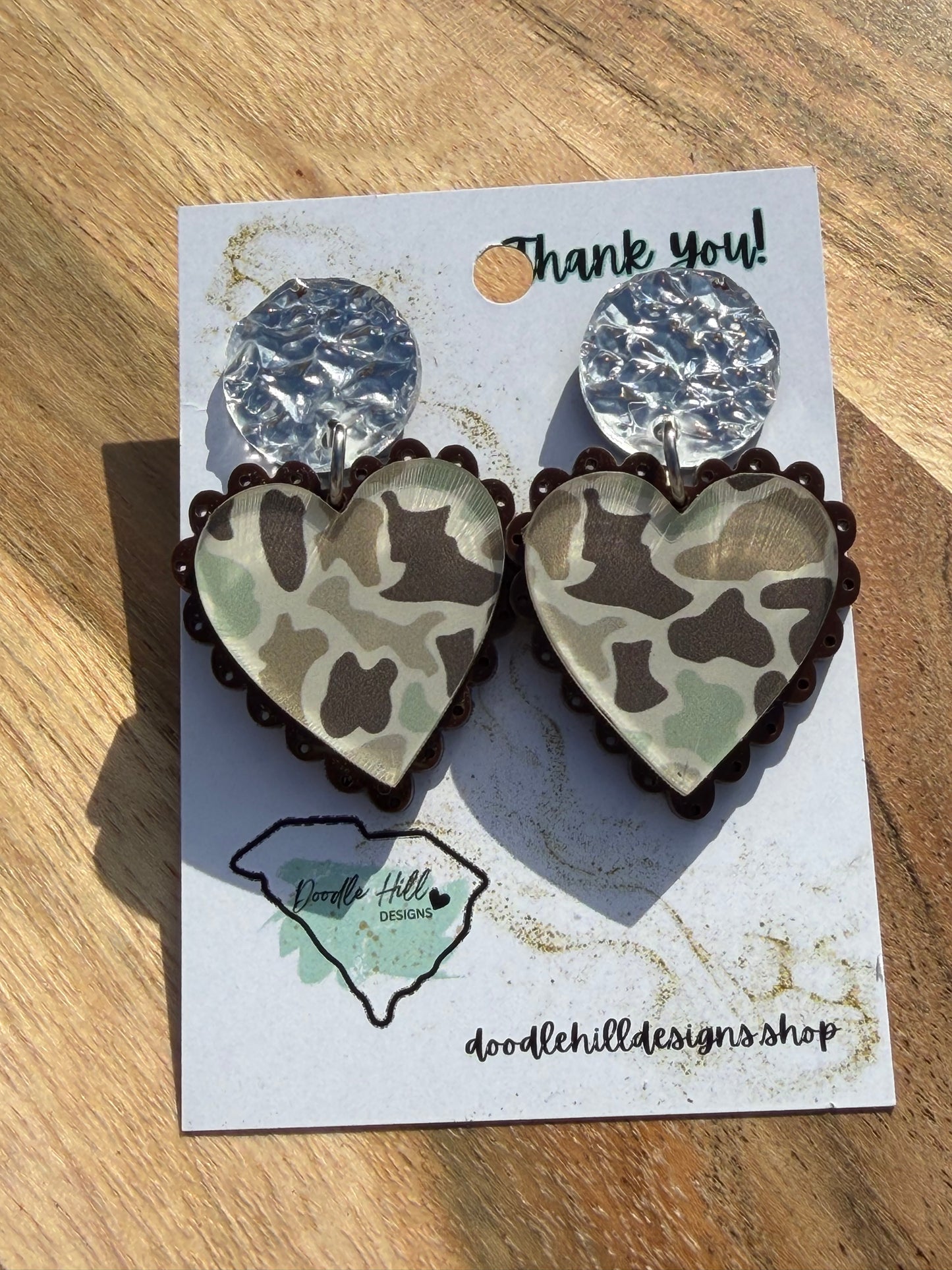 Duck Camo Valentine’s Day Heart Earrings – Lightweight Acrylic Camo Earrings for Outdoorsy & Western Style