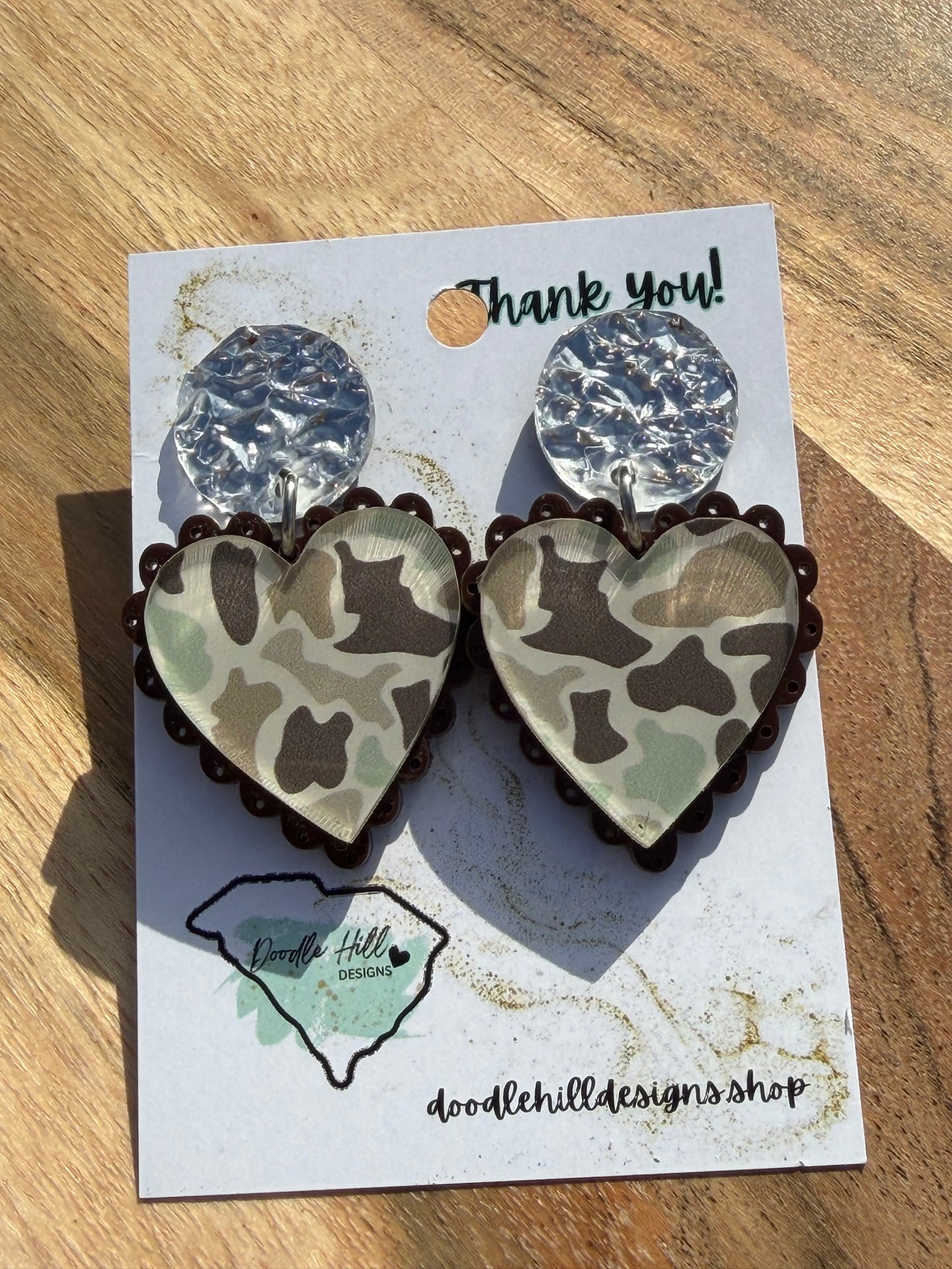 Duck Camo Valentine’s Day Heart Earrings – Lightweight Acrylic Camo Earrings for Outdoorsy & Western Style