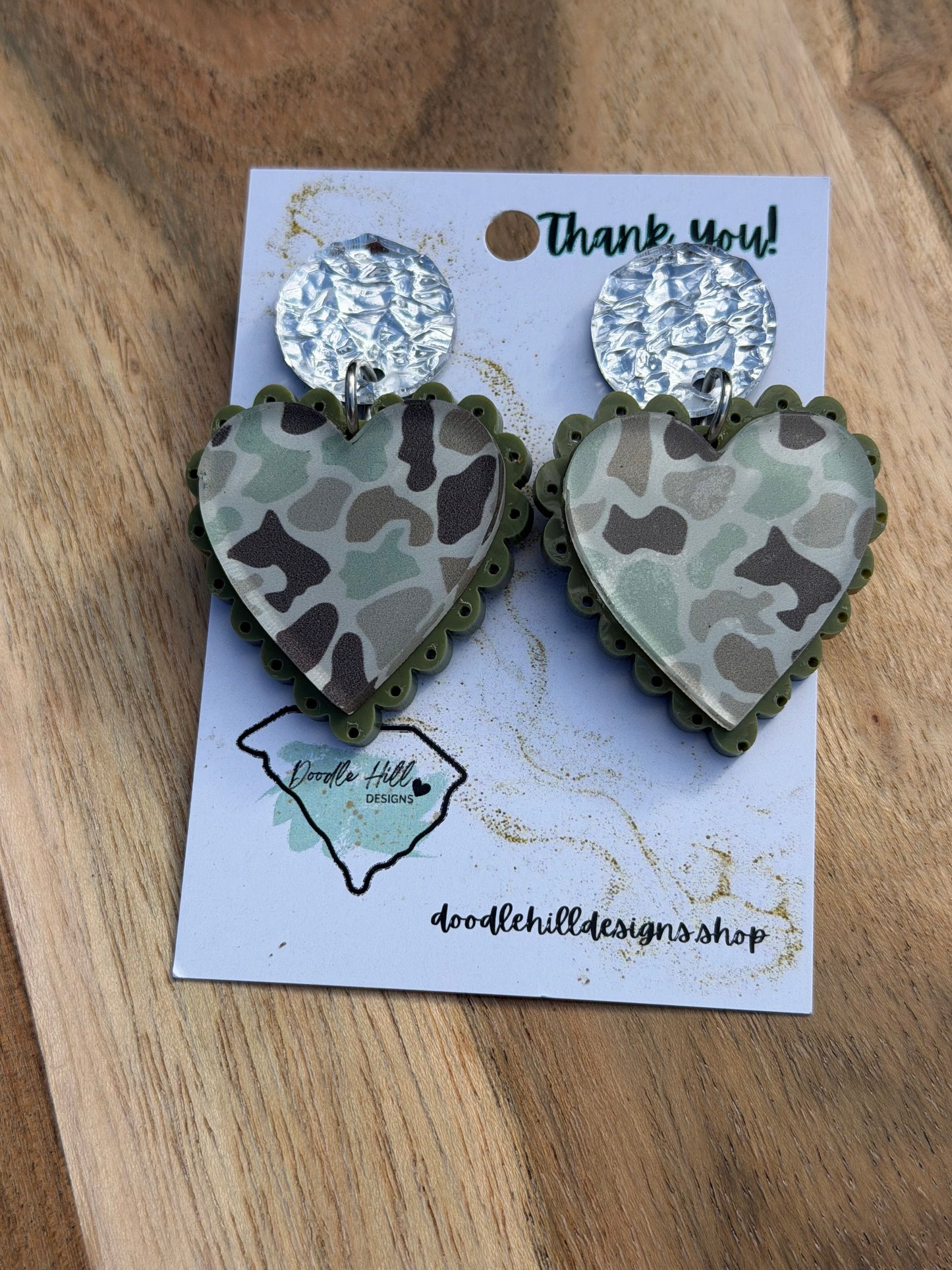 Duck Camo Valentine’s Day Heart Earrings – Lightweight Acrylic Camo Earrings for Outdoorsy & Western Style