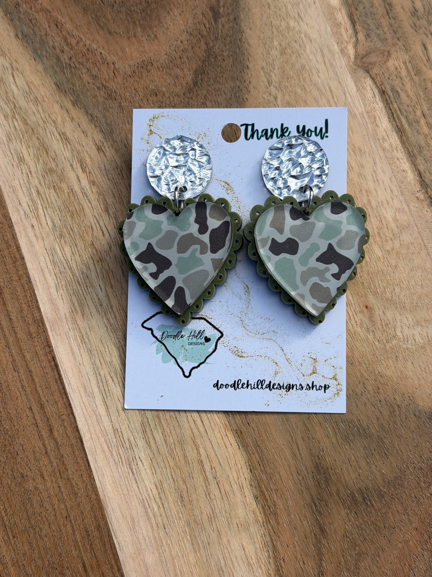 Duck Camo Valentine’s Day Heart Earrings – Lightweight Acrylic Camo Earrings for Outdoorsy & Western Style
