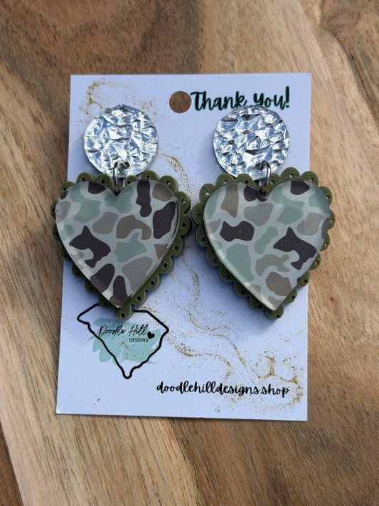 Duck Camo Valentine’s Day Heart Earrings – Lightweight Acrylic Camo Earrings for Outdoorsy & Western Style