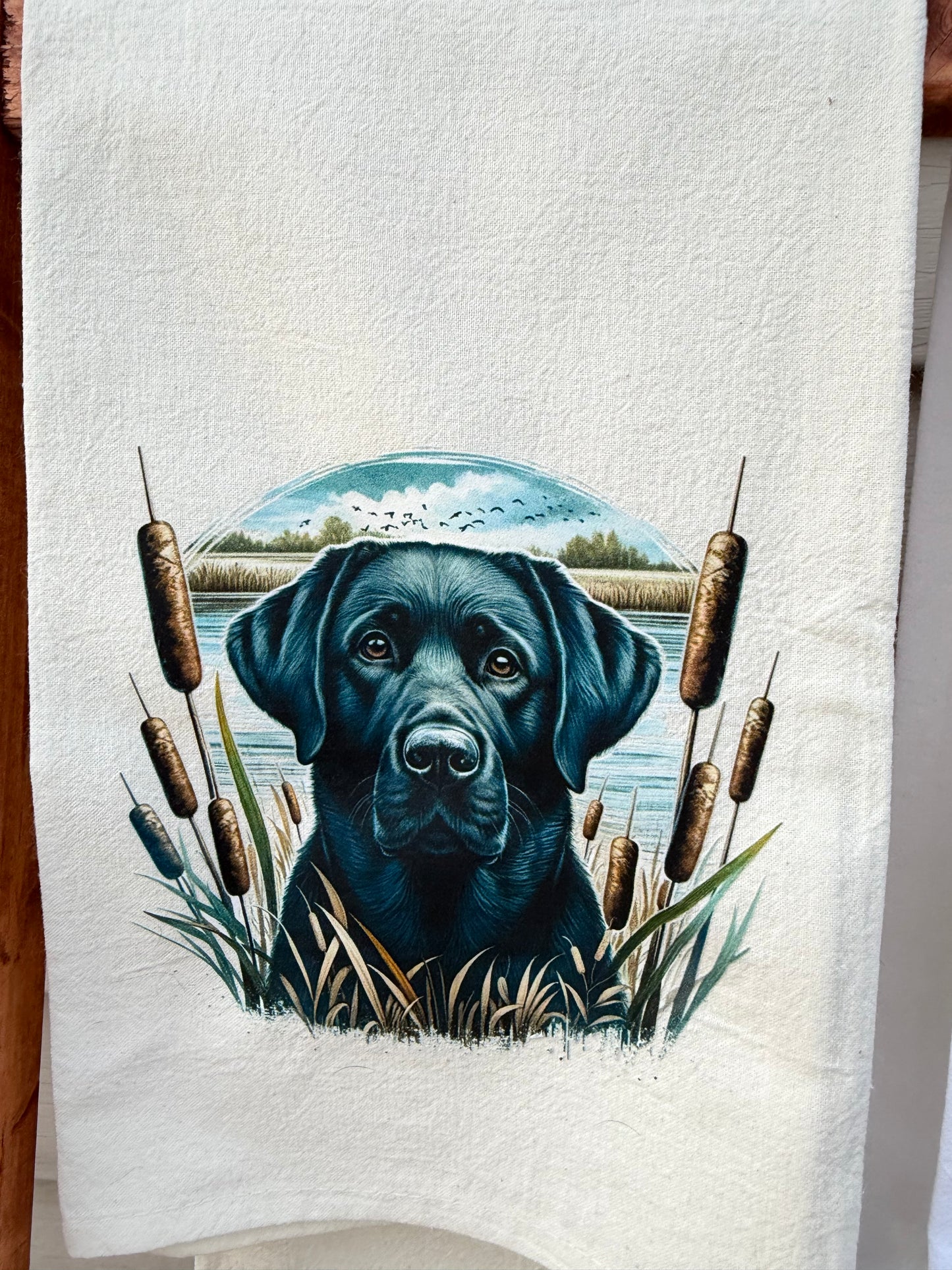 Black Lab Hunting Kitchen Towel | Waterfowl Dog Artwork Dish Towel | Gift for Hunting Enthusiasts
