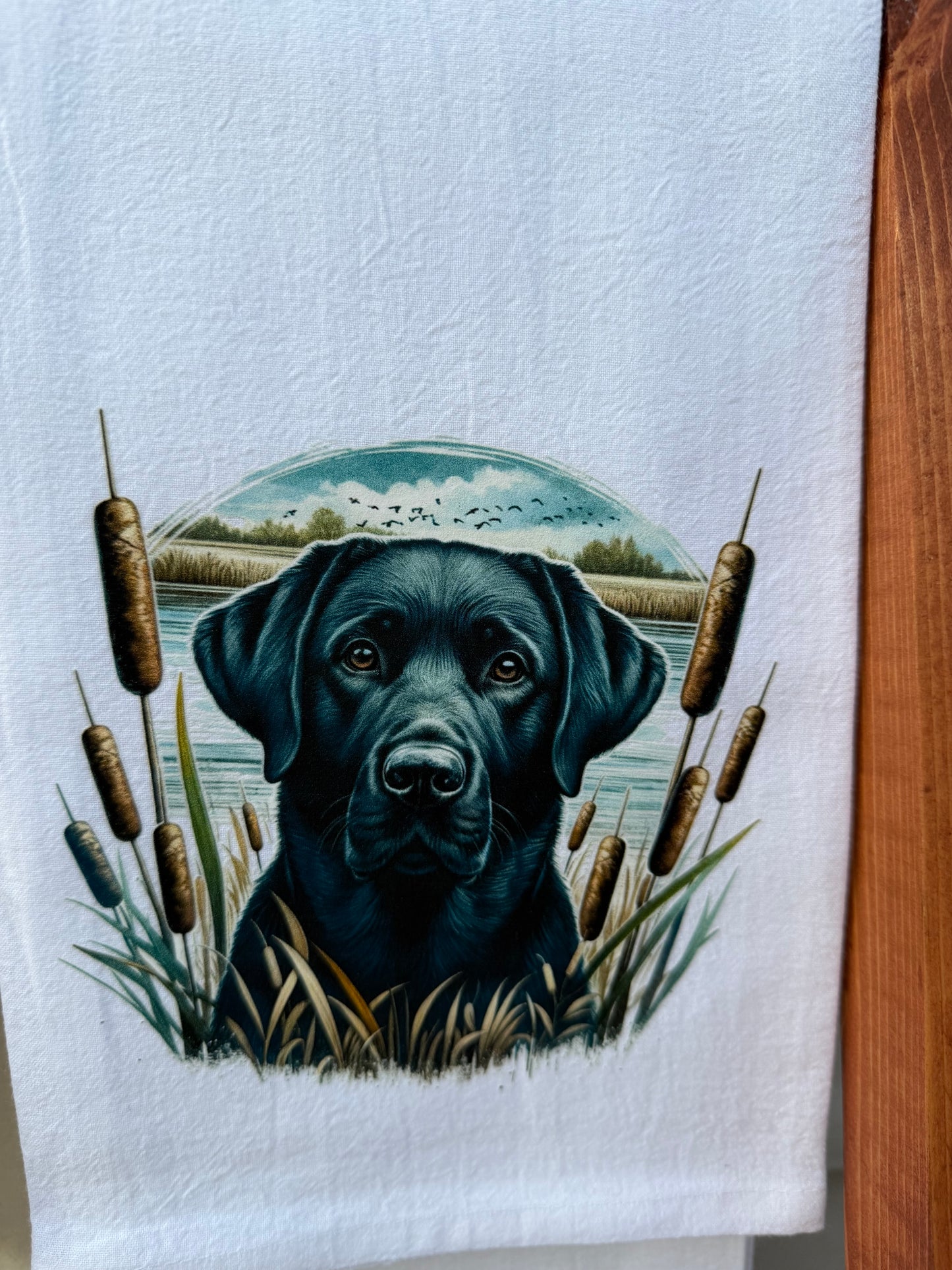 Black Lab Hunting Kitchen Towel | Waterfowl Dog Artwork Dish Towel | Gift for Hunting Enthusiasts