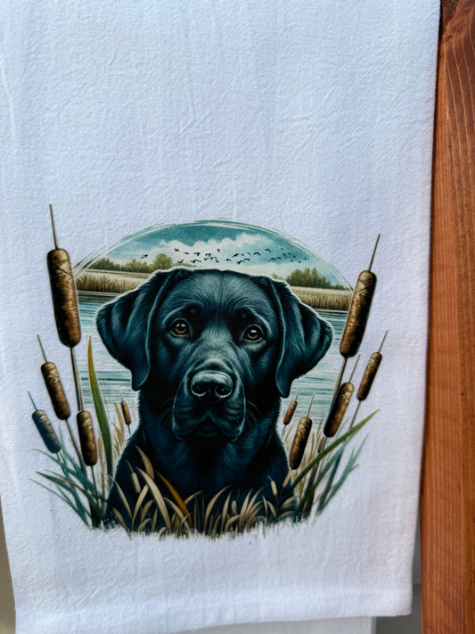 Black Lab Hunting Kitchen Towel | Waterfowl Dog Artwork Dish Towel | Gift for Hunting Enthusiasts