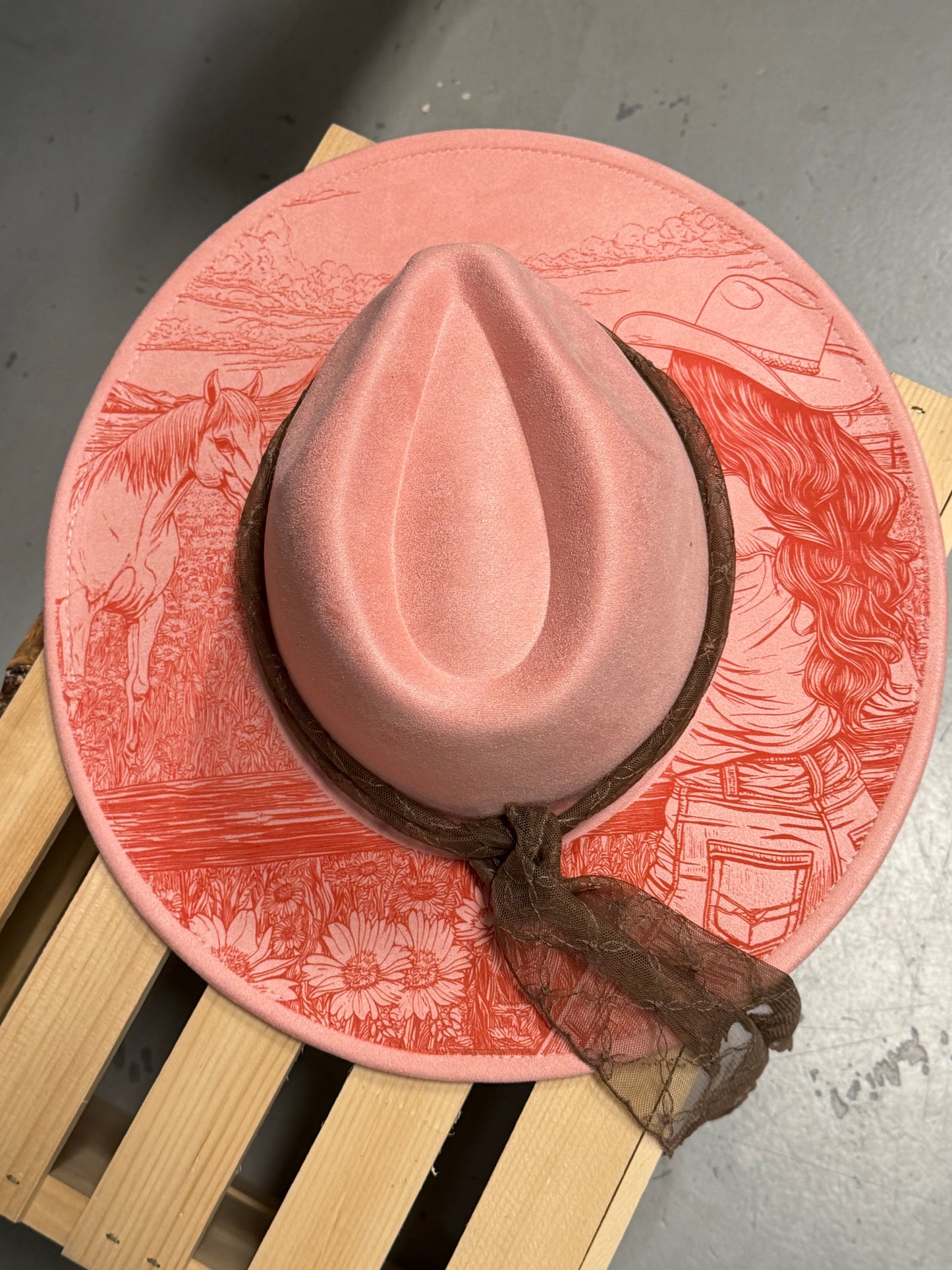 Vegan Suede Western Flat Brim Hat | Custom Engraved Cowgirl Hat | Interchangeable Lace Hat Band | Boho Western Fedora