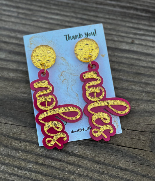 Game day spirit earrings, NOLES earrings are two layers of acrylic  garnet pearlize shimmer and gold textures with different  gold post 