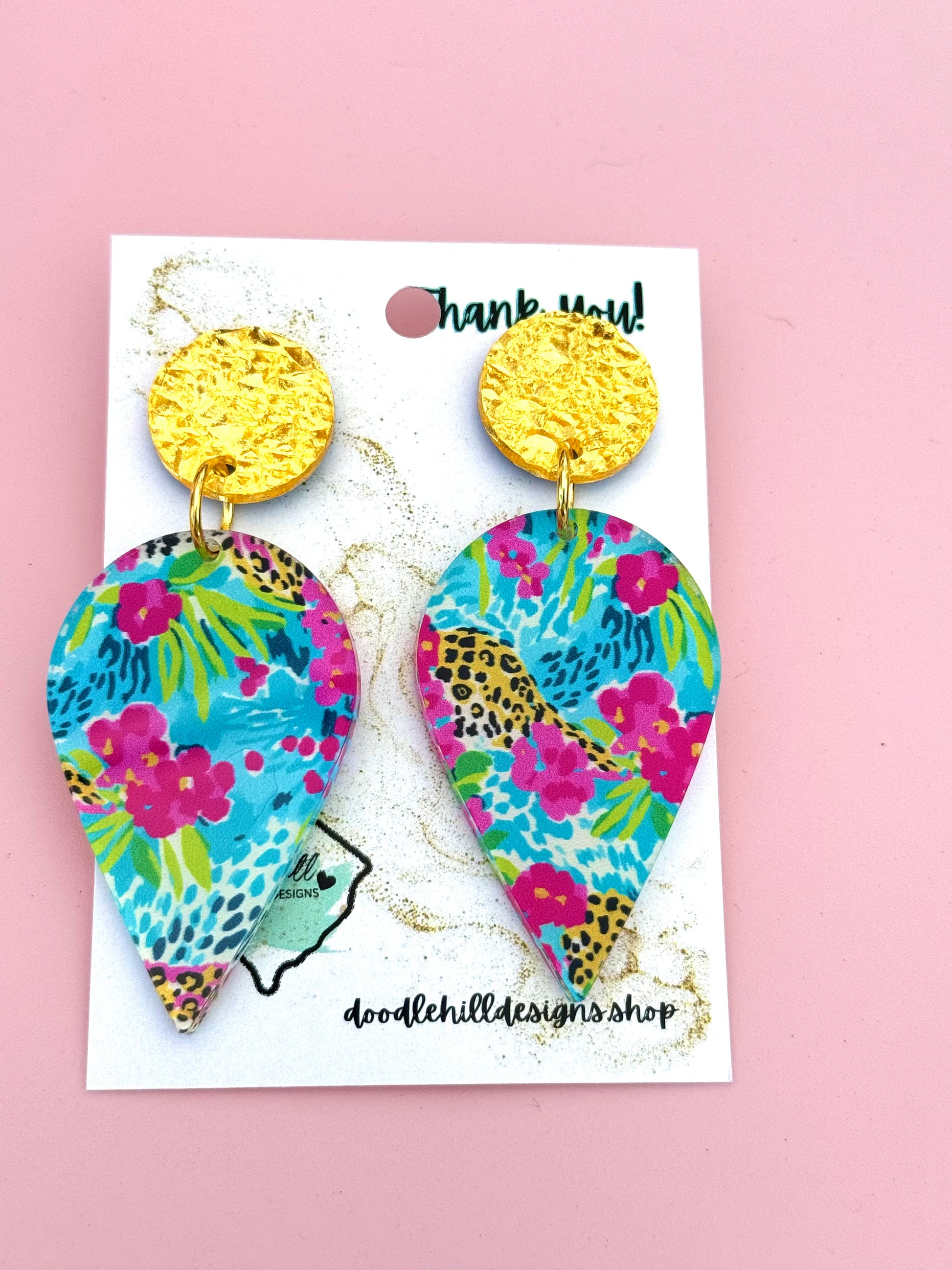 Preppy earrings with pink, lime green, and teal colors, with a sparkle of leopard. Gold textured post 