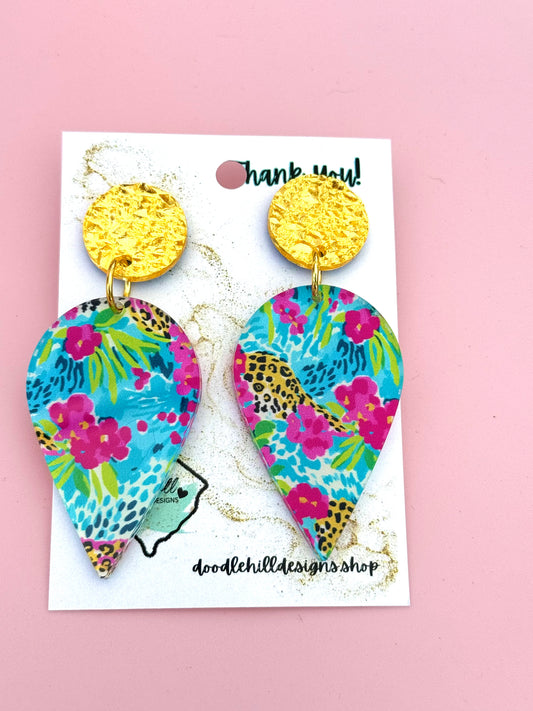 Preppy earrings with pink, lime green, and teal colors, with a sparkle of leopard. Gold textured post 