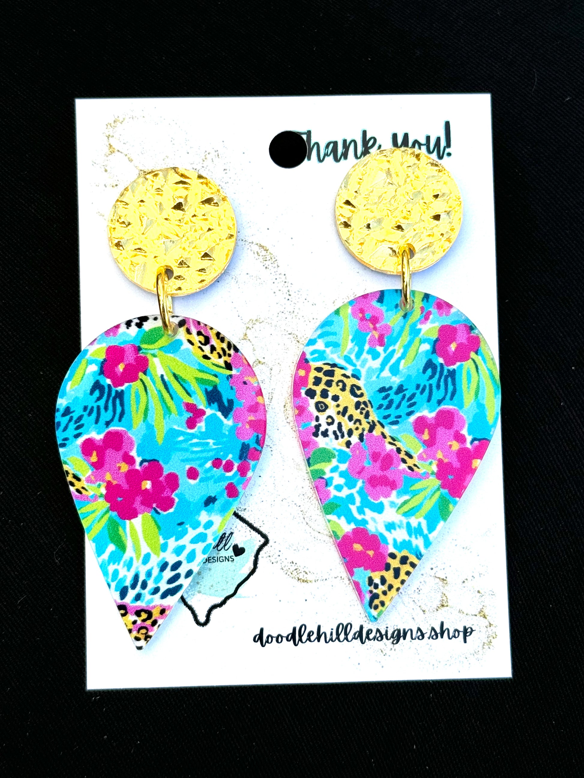 Preppy earrings with pink, lime green, and teal colors, with a sparkle of leopard. Gold textured post 