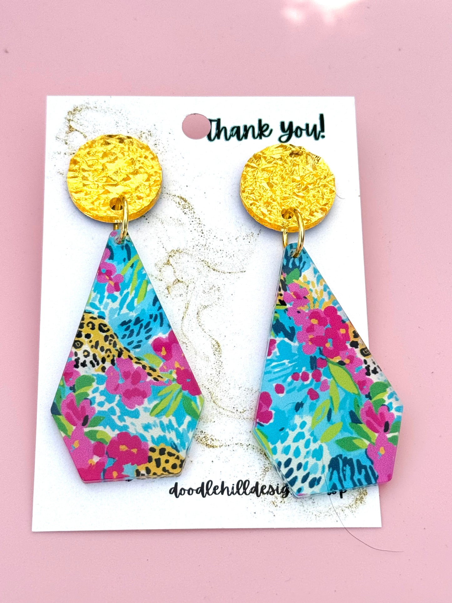 Preppy earrings with pink, lime green, and teal colors, with a sparkle of leopard. Gold textured post 