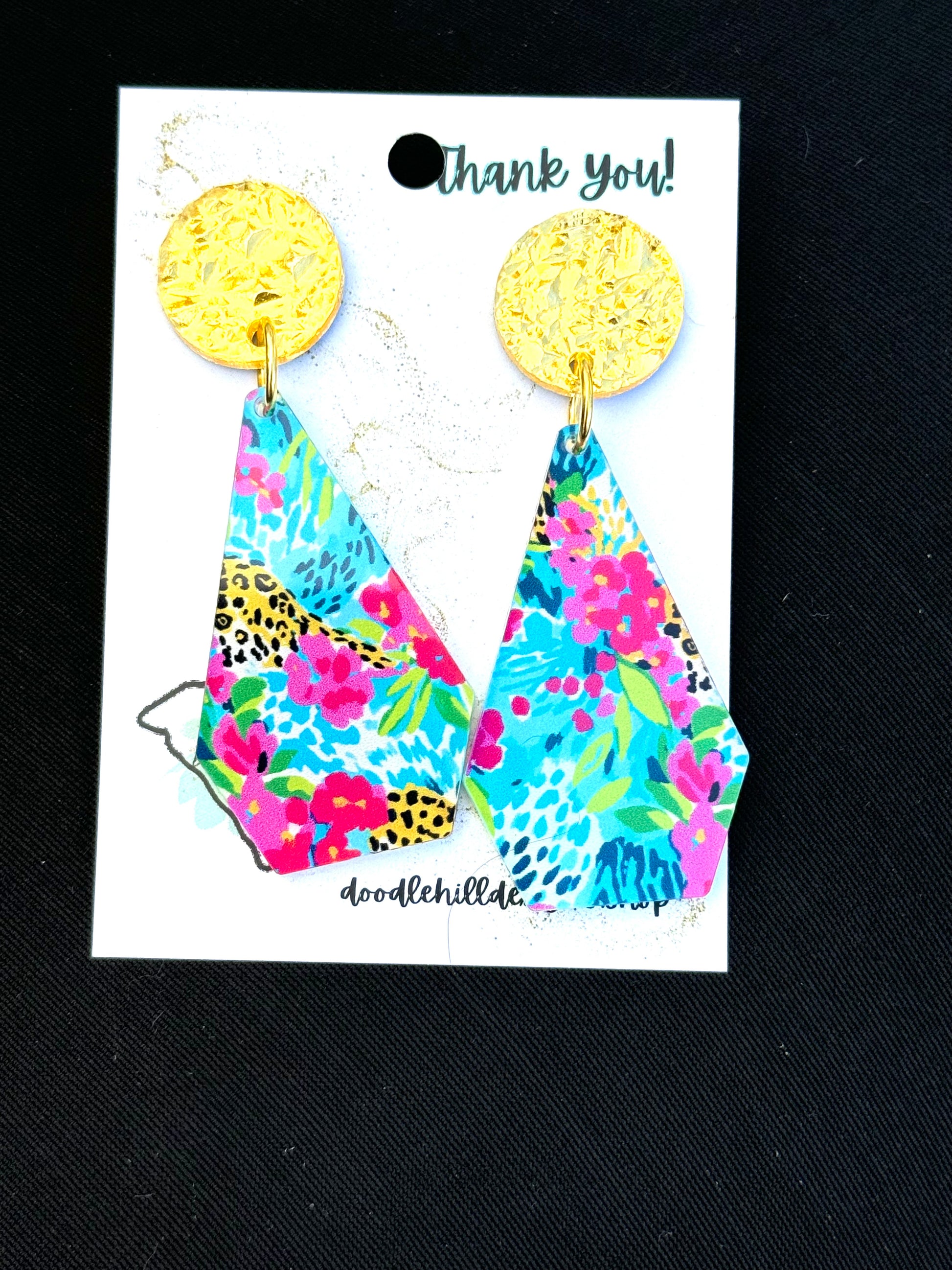 Preppy earrings with pink, lime green, and teal colors, with a sparkle of leopard. Gold textured post 