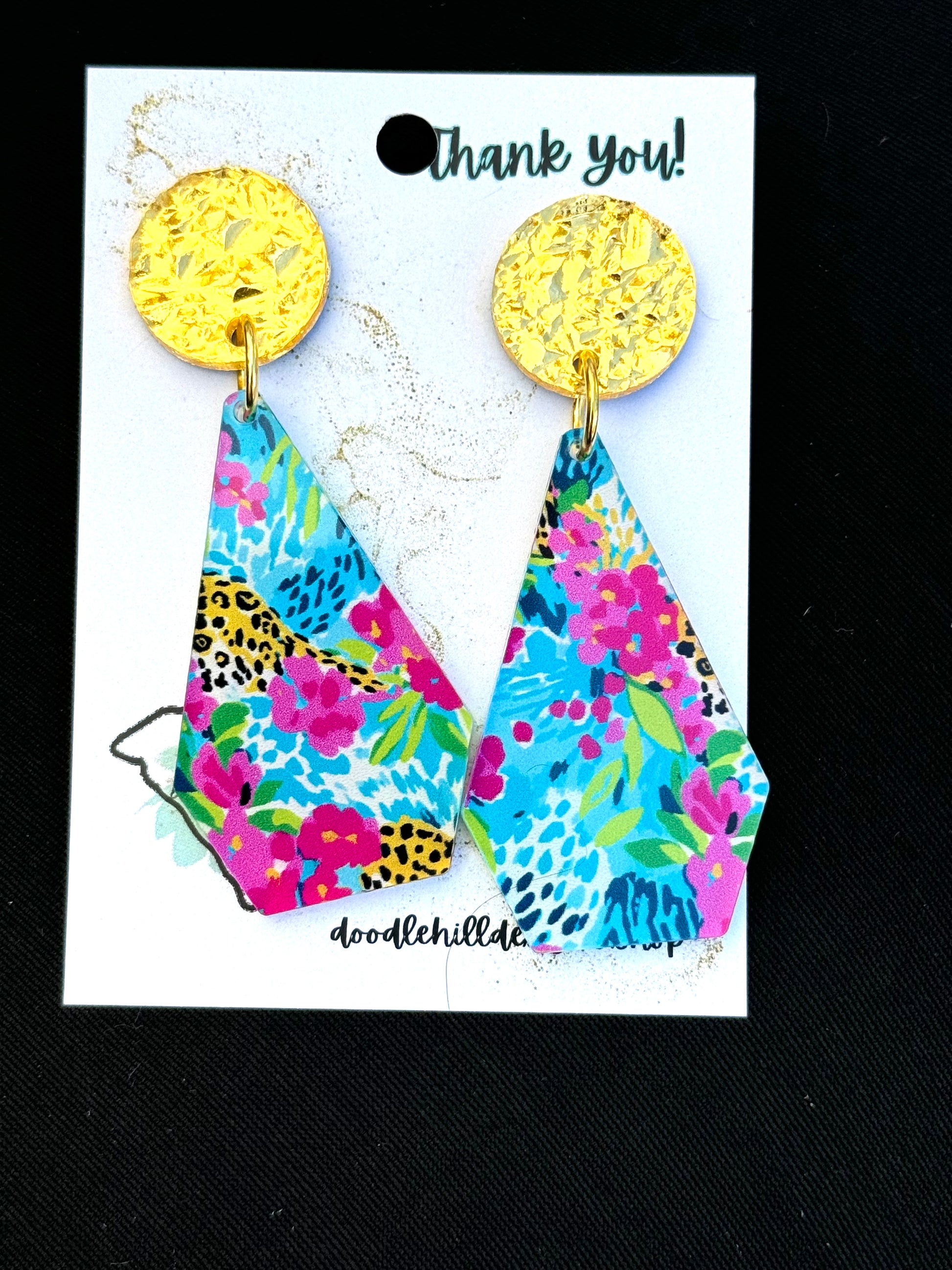 Preppy earrings with pink, lime green, and teal colors, with a sparkle of leopard. Gold textured post 