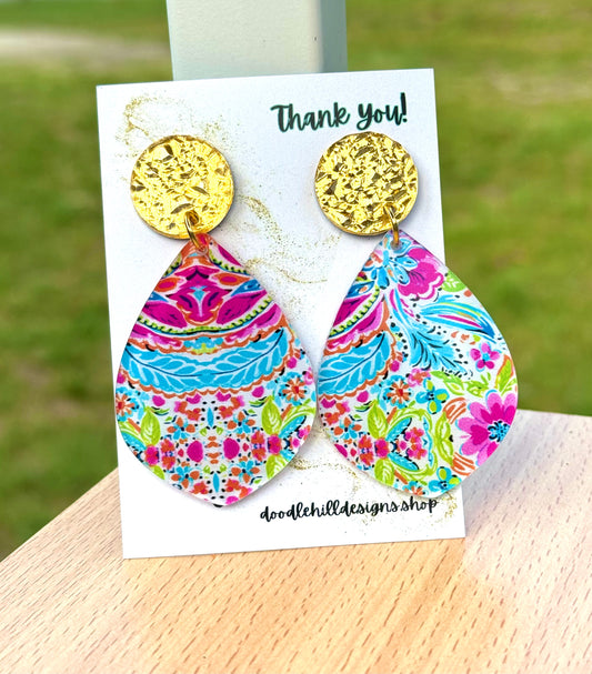 Preppy earrings with pink, lime green, orange and teal colors. Gold textured post 
