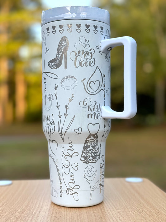 40 oz wedding theme white tumbler with silver engravings