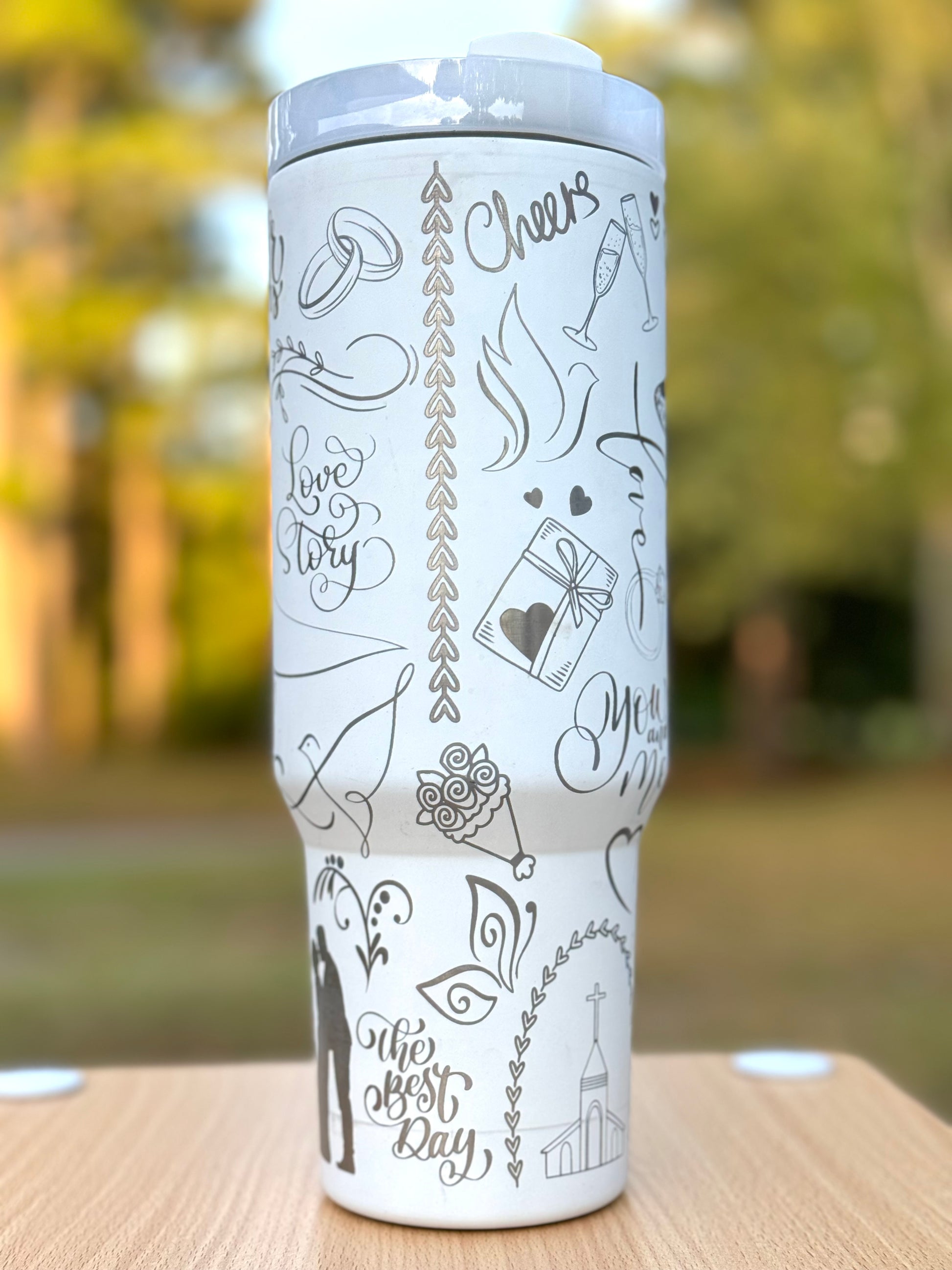 40 oz wedding theme white tumbler with silver engravings