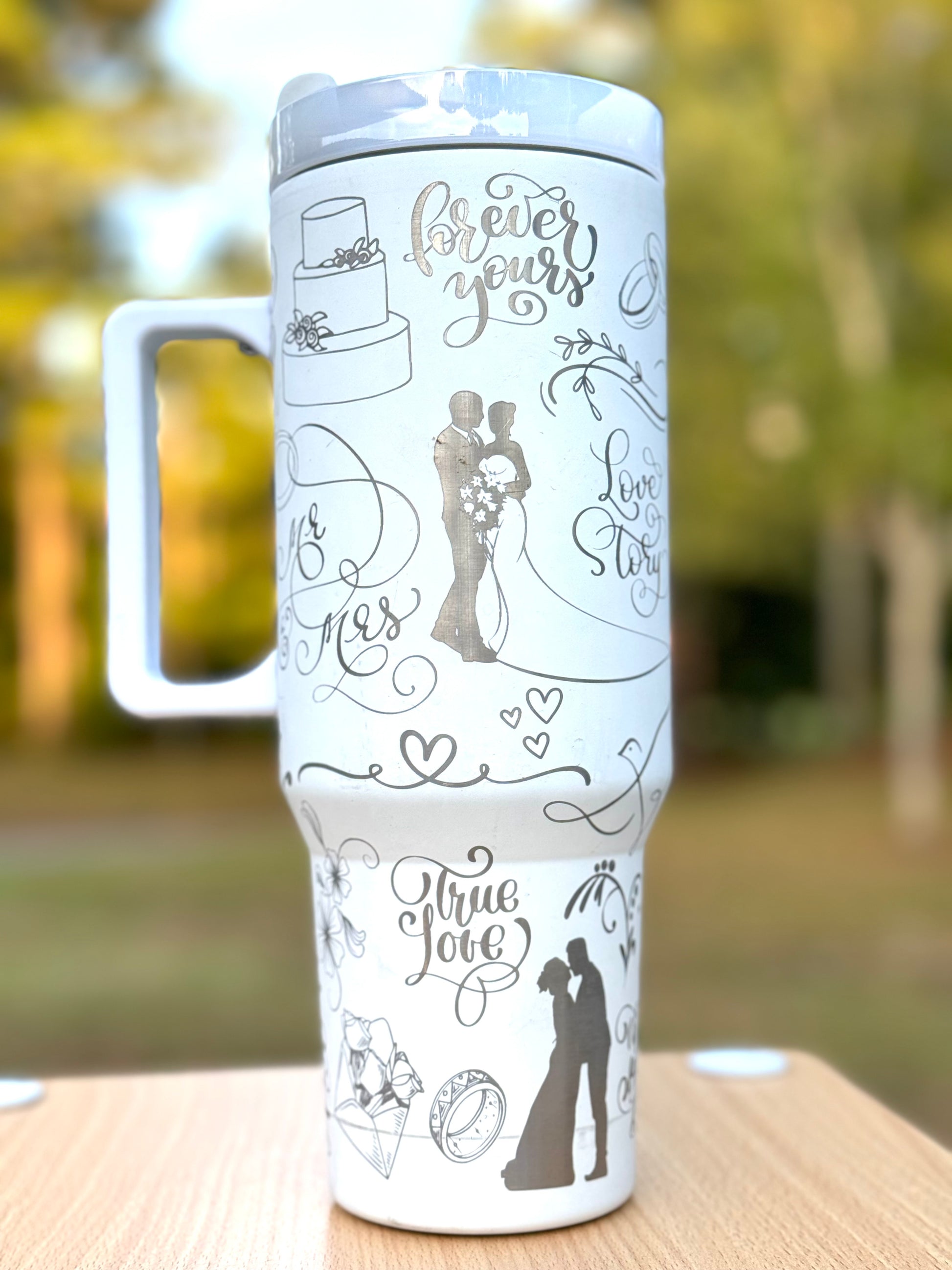 40 oz wedding theme white tumbler with silver engravings