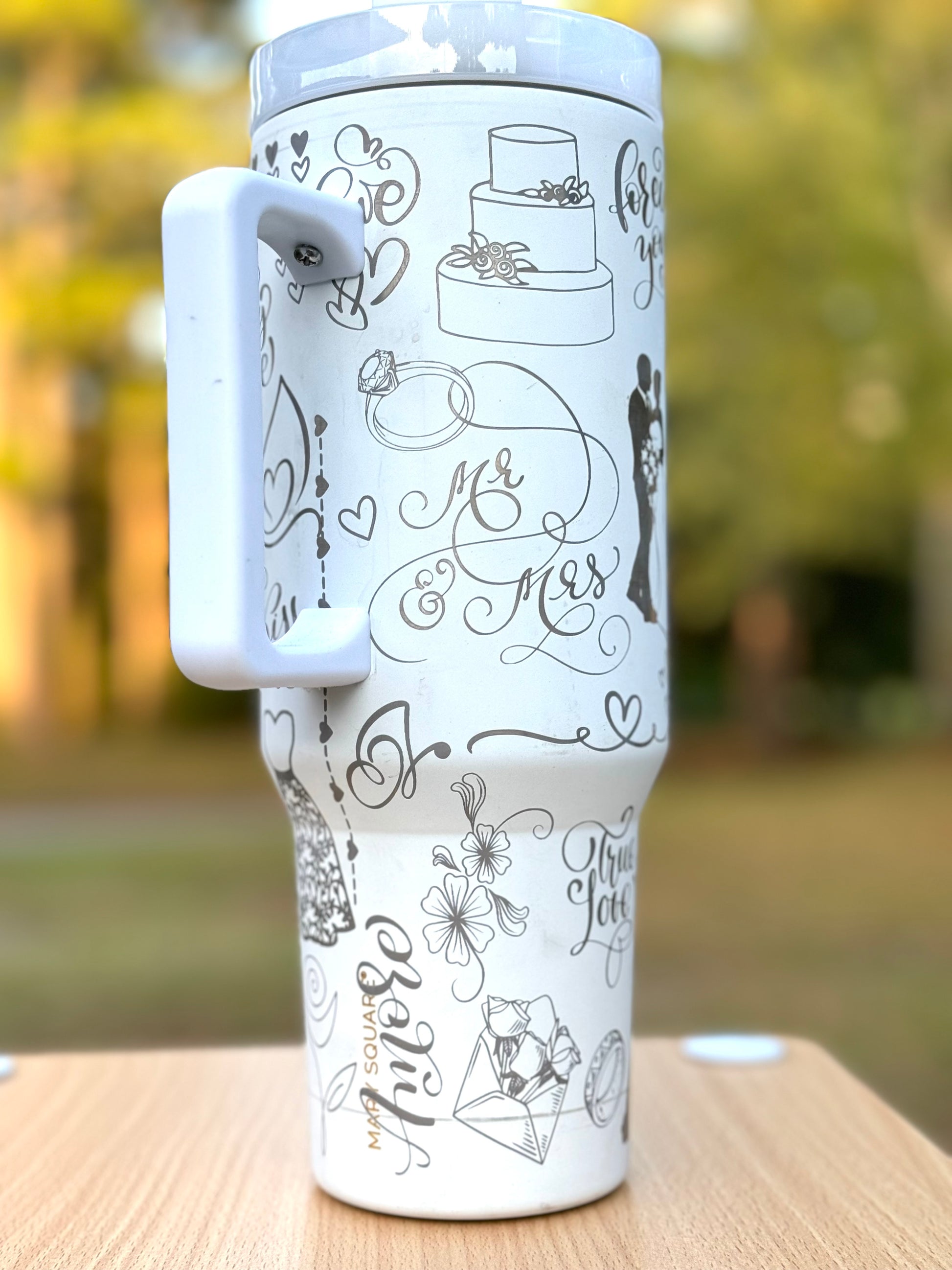 40 oz wedding theme white tumbler with silver engravings