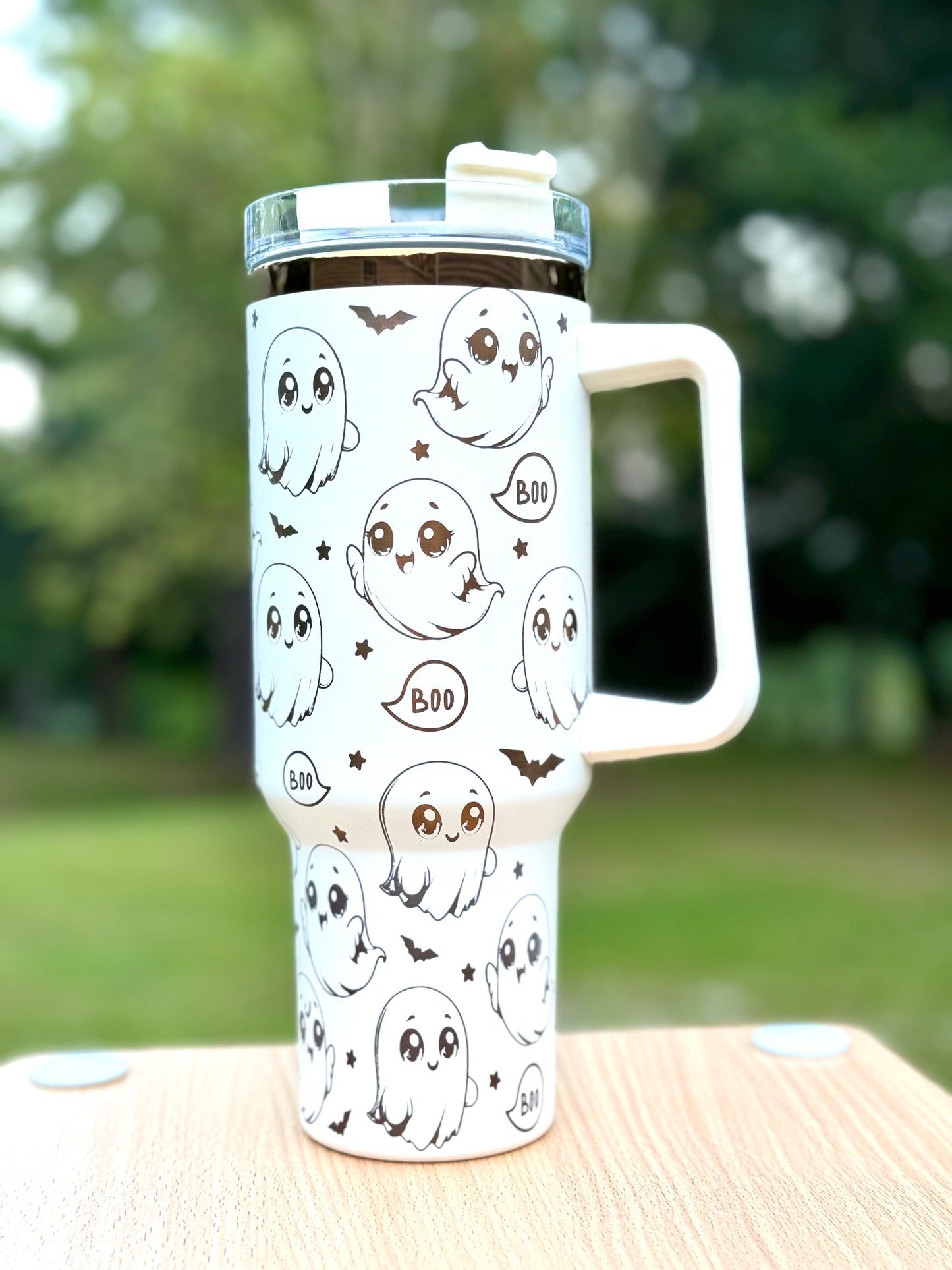 40oz Halloween Ghost Tumbler – Cute Boo  Baby Ghost Stainless Steel Mug with Handle & Straw | Keeps Drinks Hot or Cold