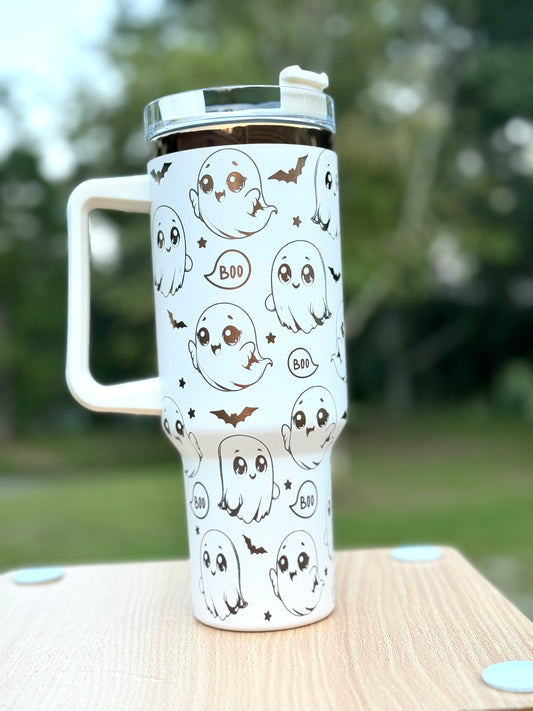 40oz Halloween Ghost Tumbler – Cute Boo  Baby Ghost Stainless Steel Mug with Handle & Straw | Keeps Drinks Hot or Cold