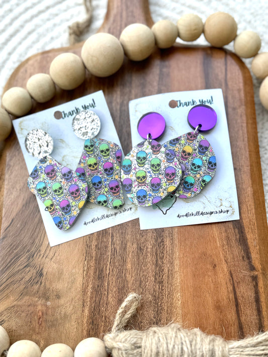 Rainbow Sugar Skull Acrylic Earrings – Silver Glitter Base
