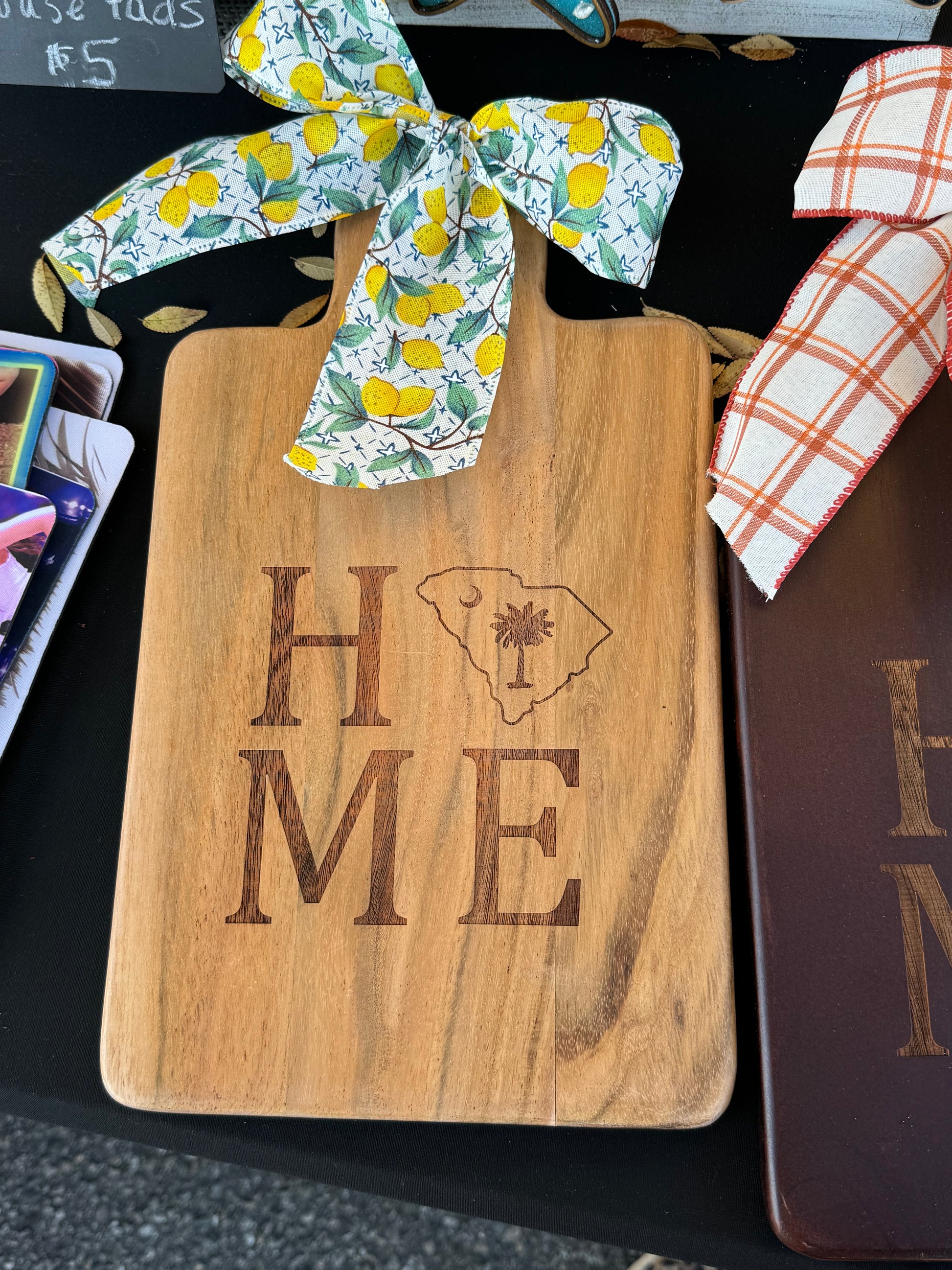 Home lasered engraved decorative cutting board with state of south carolina and palemtto tree engraved instead of O