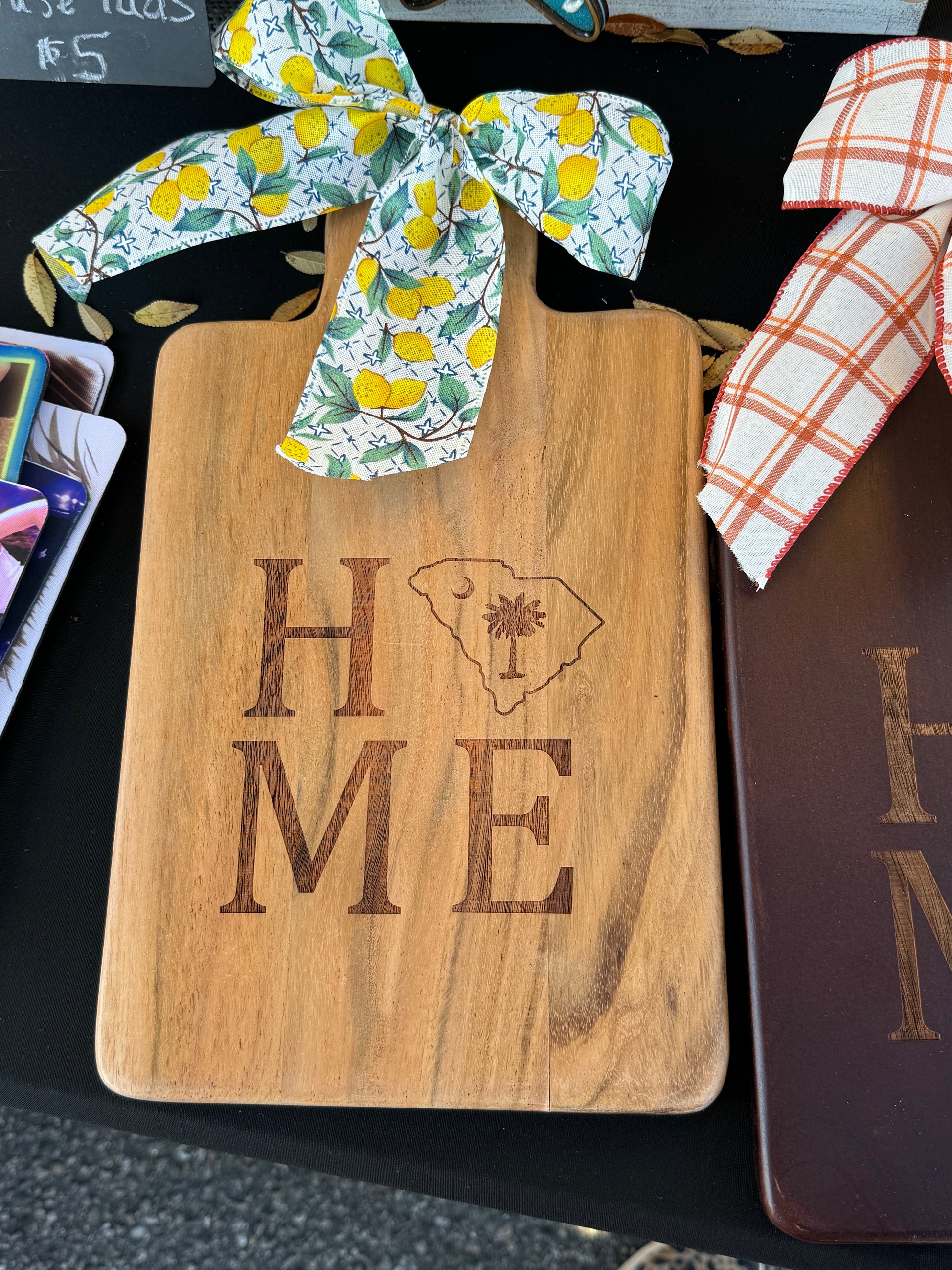 Home lasered engraved decorative cutting board with state of south carolina and palemtto tree engraved instead of O