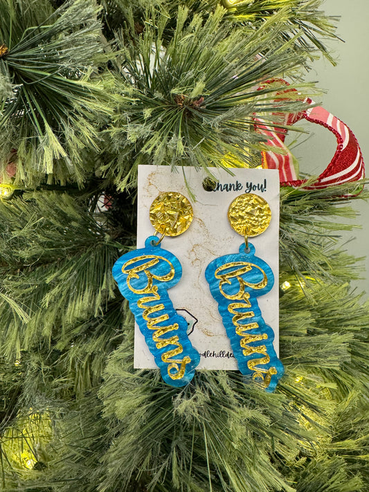 Game day Bruins earrings with gold textured post and blue and gold lettering 