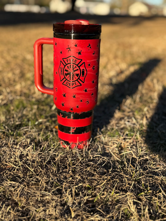 40 oz fire fighter red tumbler with black engraving