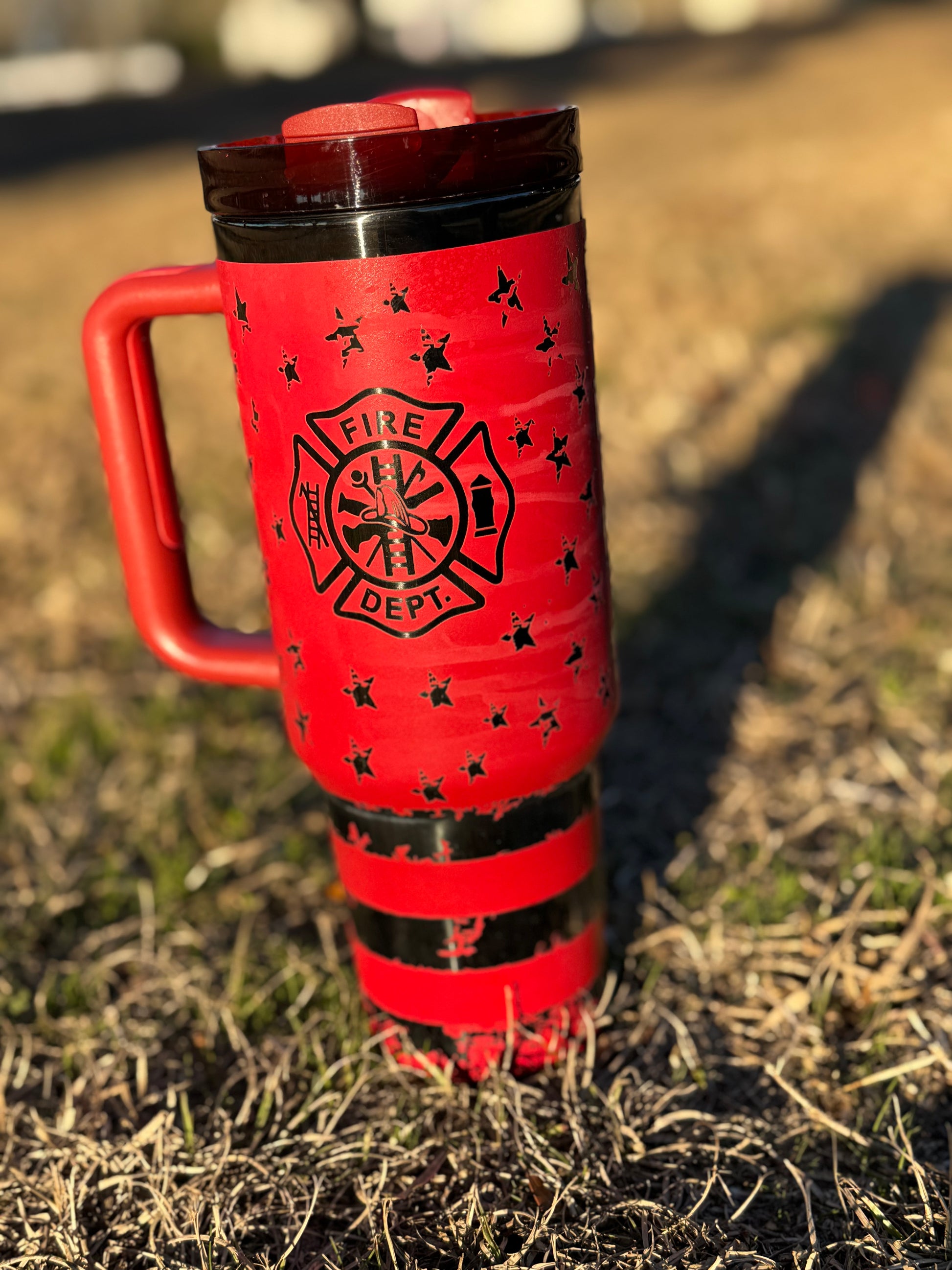 40 oz fire fighter red tumbler with black engraving