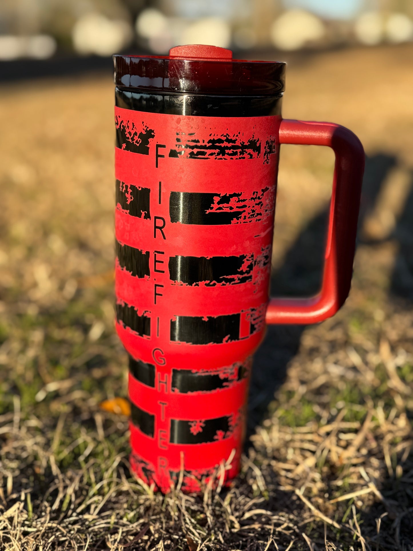 40 oz fire fighter red tumbler with black engraving