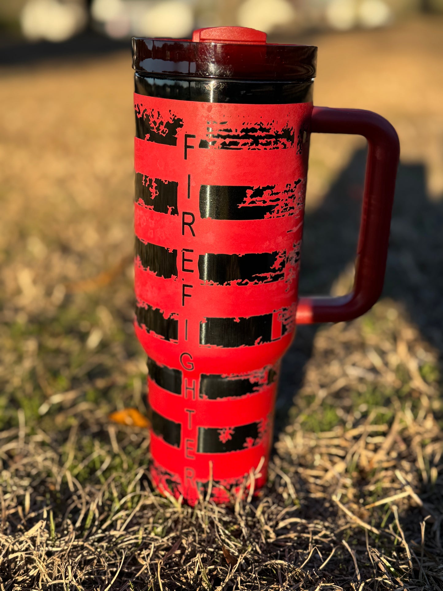 40 oz fire fighter red tumbler with black engraving