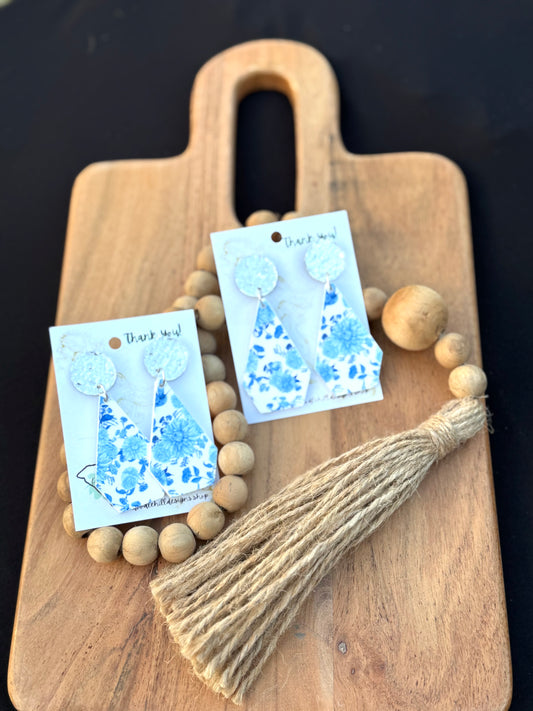 Blue Floral Earrings with silver acrylic textured post