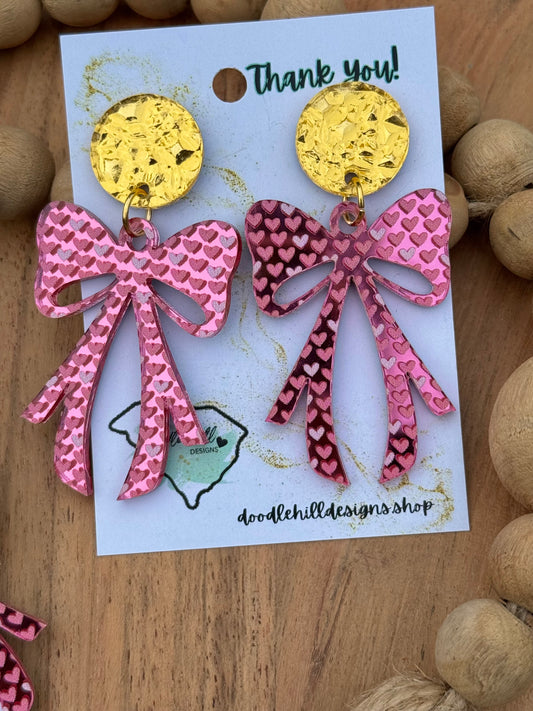 Coquette Bow Earrings – Lightweight Acrylic Statement Jewelry with Gold Textured Post, Valentines Day