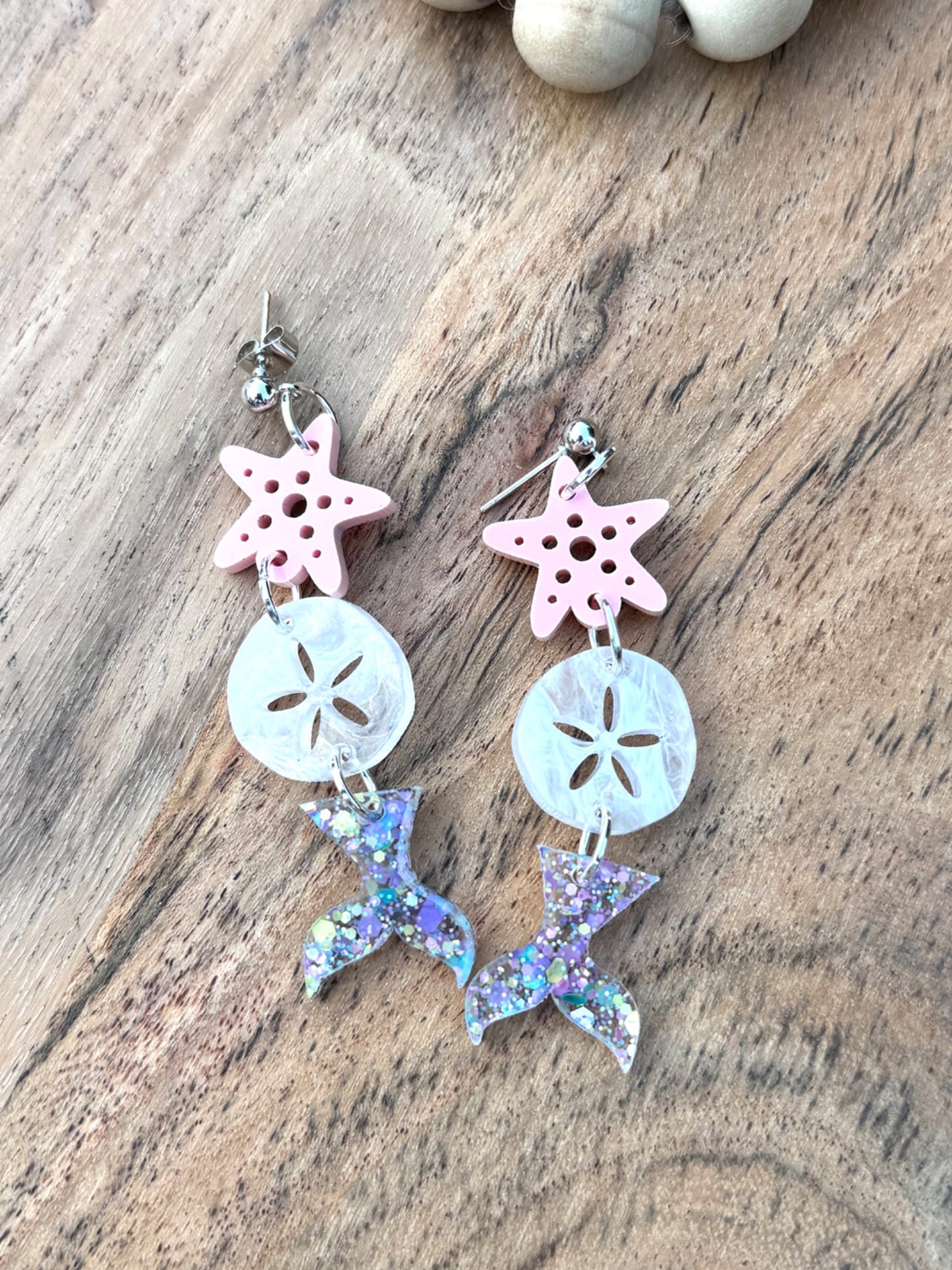 Coastal Mermaid Tail Earrings | Starfish Sand Dollar Dangle Earrings | Beach Jewelry | Lightweight Acrylic Earrings | Summer Vacation Accessories