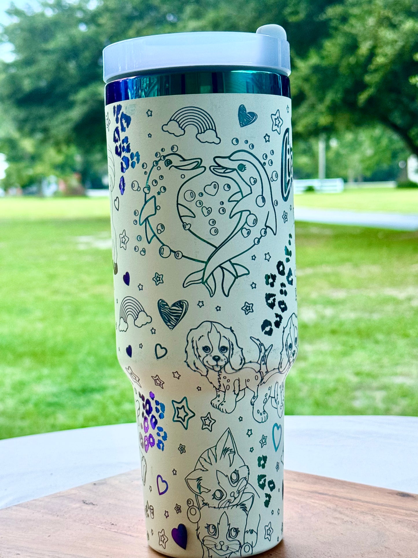 🌈 Lisa Frank Tumbler – 40 oz Stainless Steel Travel Mug with Handle