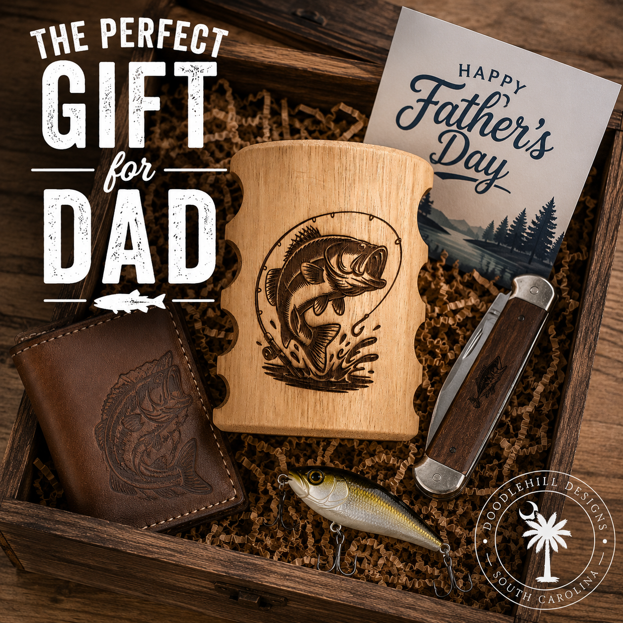 Fish Engraved Wooden Can Holder with Finger Grips | Insulated Beer & Soda Holder | Father's Day Gift for Fishermen