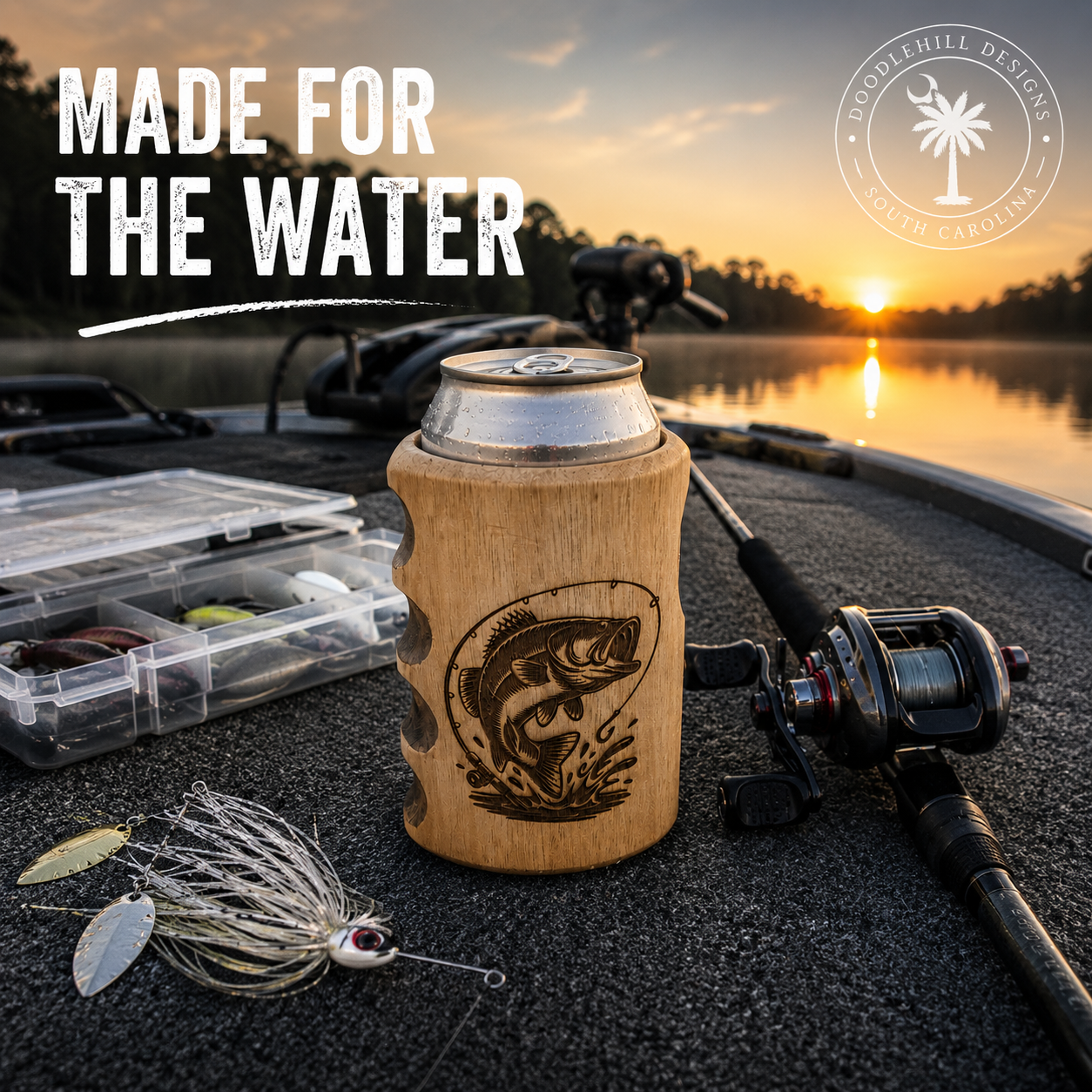 Fish Engraved Wooden Can Holder with Finger Grips | Insulated Beer & Soda Holder | Father's Day Gift for Fishermen