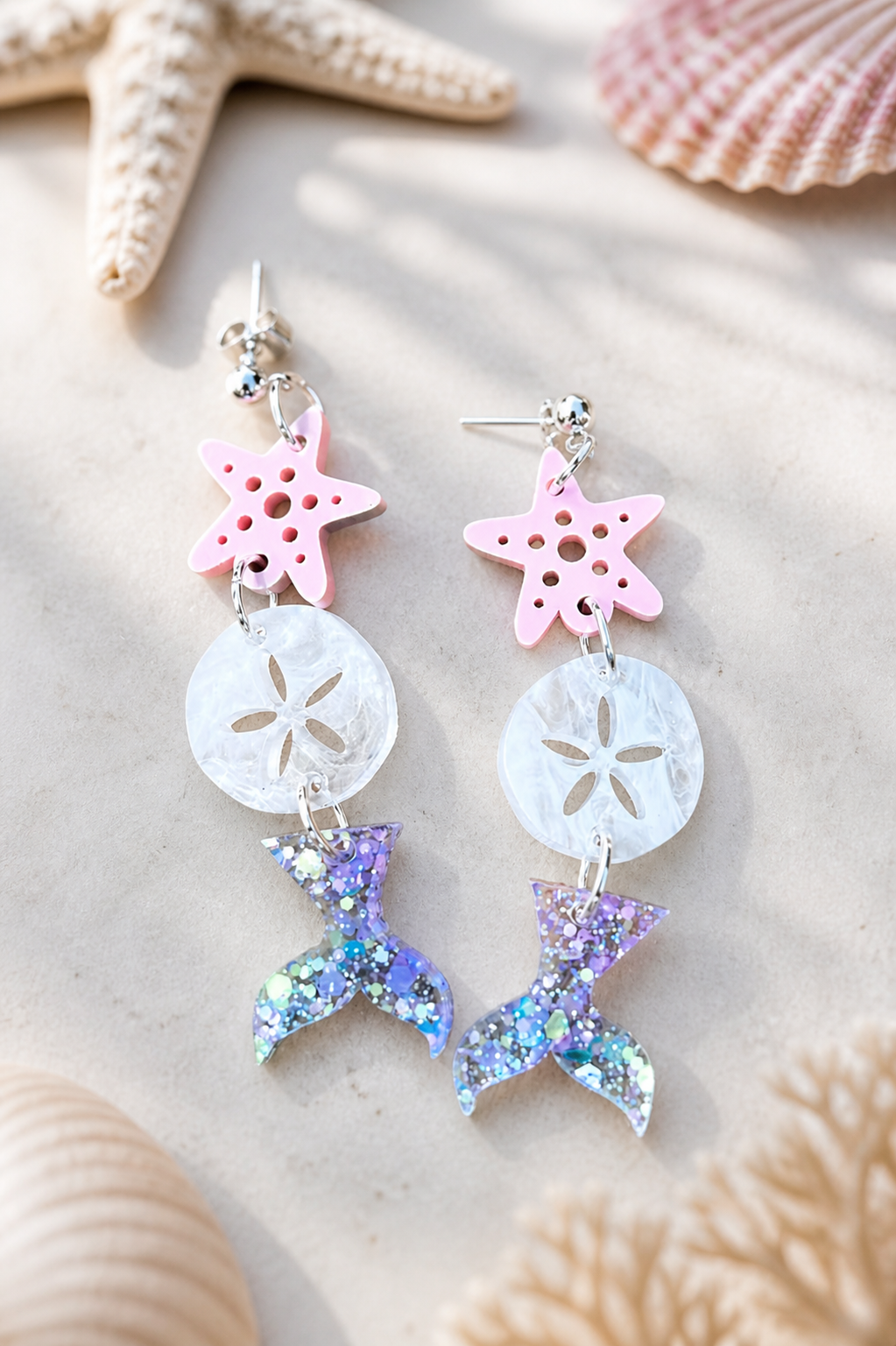 Coastal Mermaid Tail Earrings | Starfish Sand Dollar Dangle Earrings | Beach Jewelry | Lightweight Acrylic Earrings | Summer Vacation Accessories