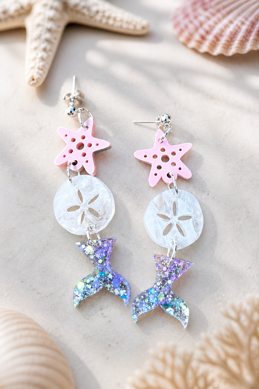 Coastal Mermaid Tail Earrings | Starfish Sand Dollar Dangle Earrings | Beach Jewelry | Lightweight Acrylic Earrings | Summer Vacation Accessories
