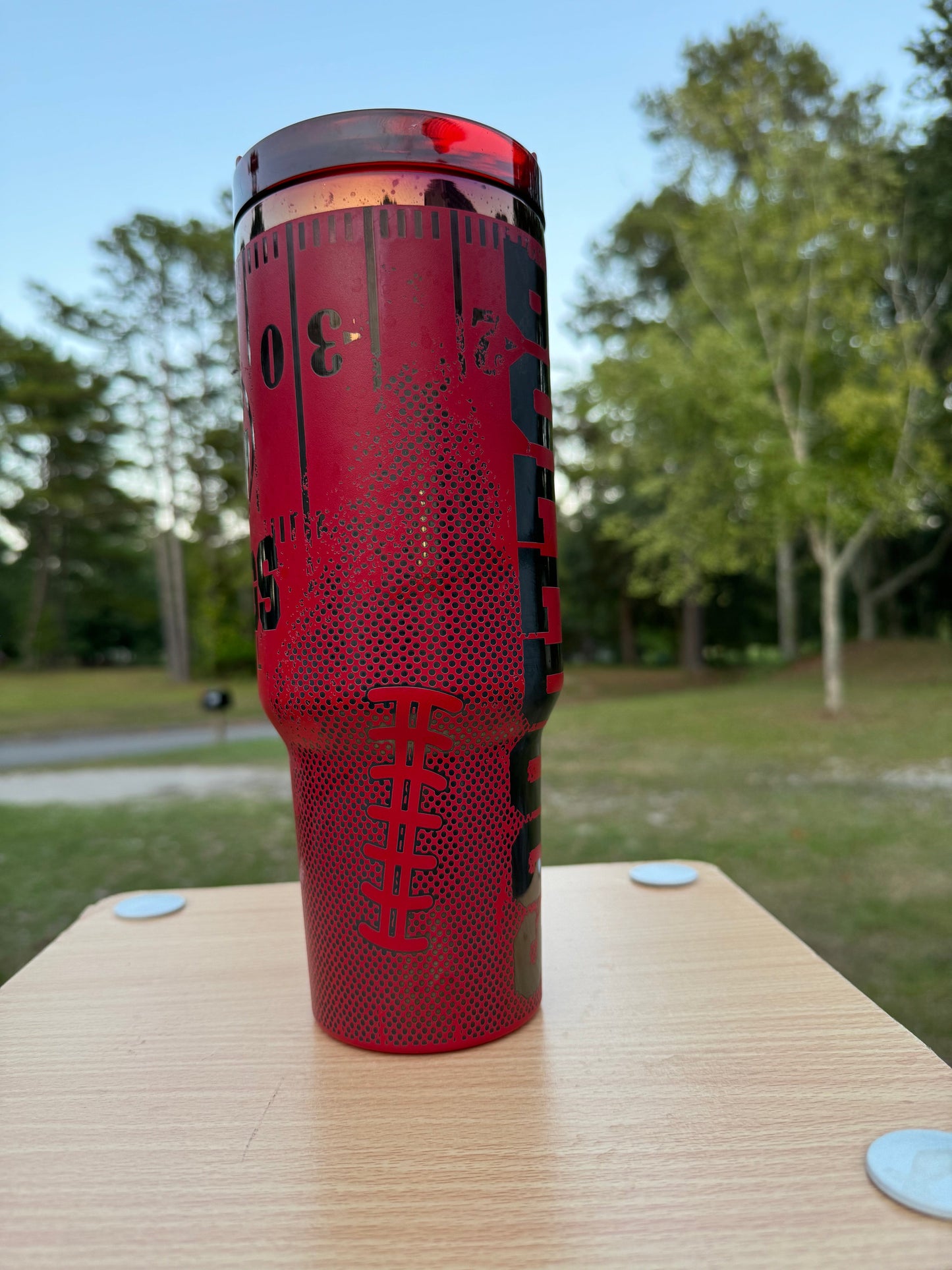 Georgia game day essentials 40 oz unbranded tumbler red with black engraving with a Georgia football theme tailgate