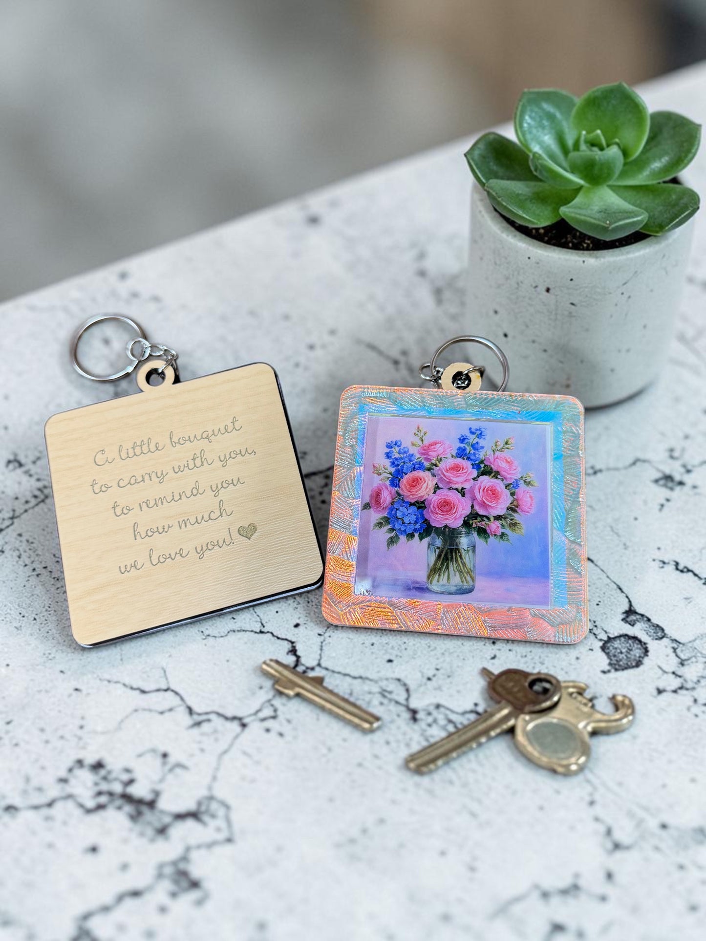 Mother’s Day Flower Keychain Gift | Engraved Wooden Keepsake Keychain | Small Bouquet Gift for Mom | Gift for Her