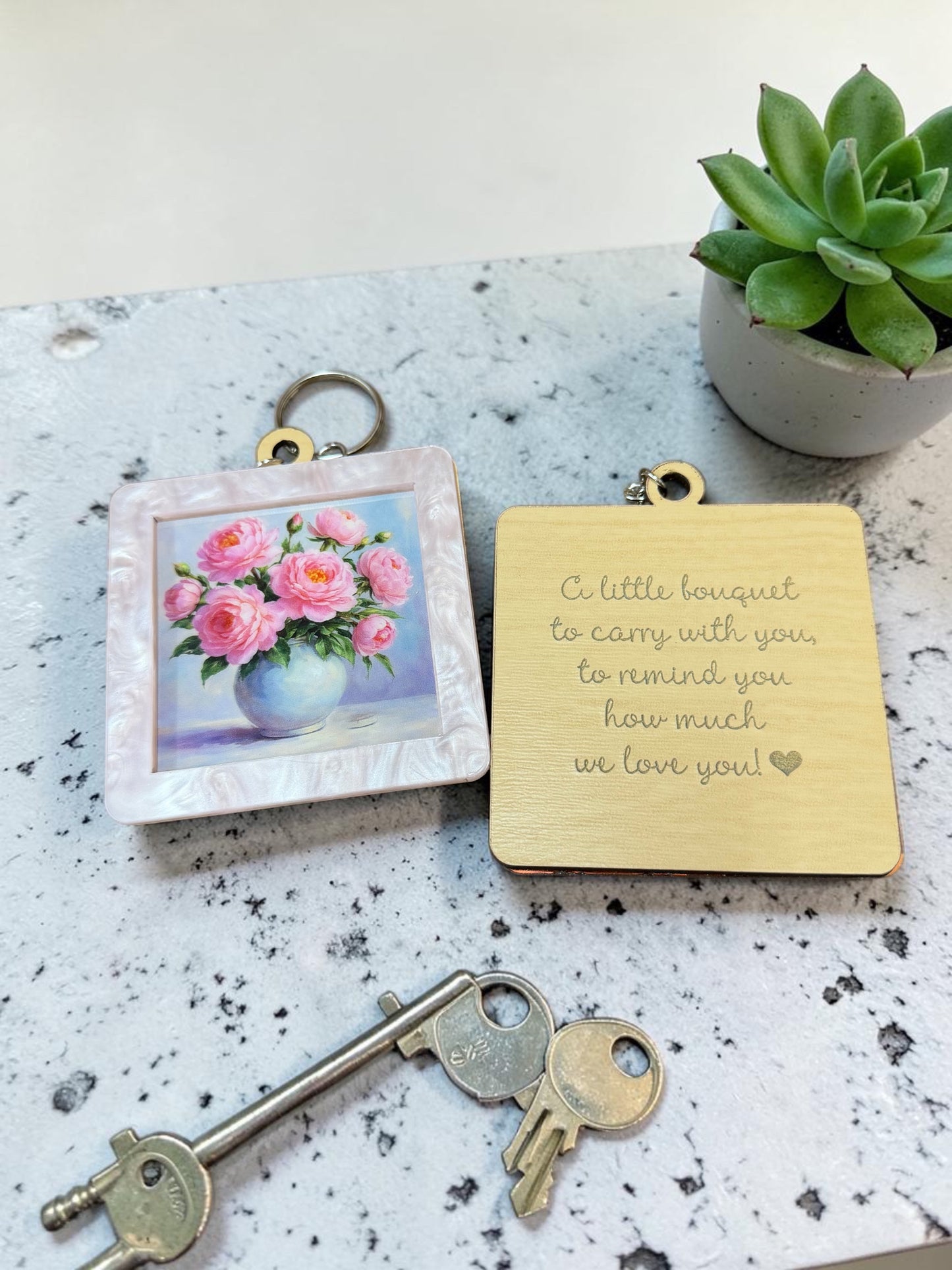 Mother’s Day Flower Keychain Gift | Engraved Wooden Keepsake Keychain | Small Bouquet Gift for Mom | Gift for Her