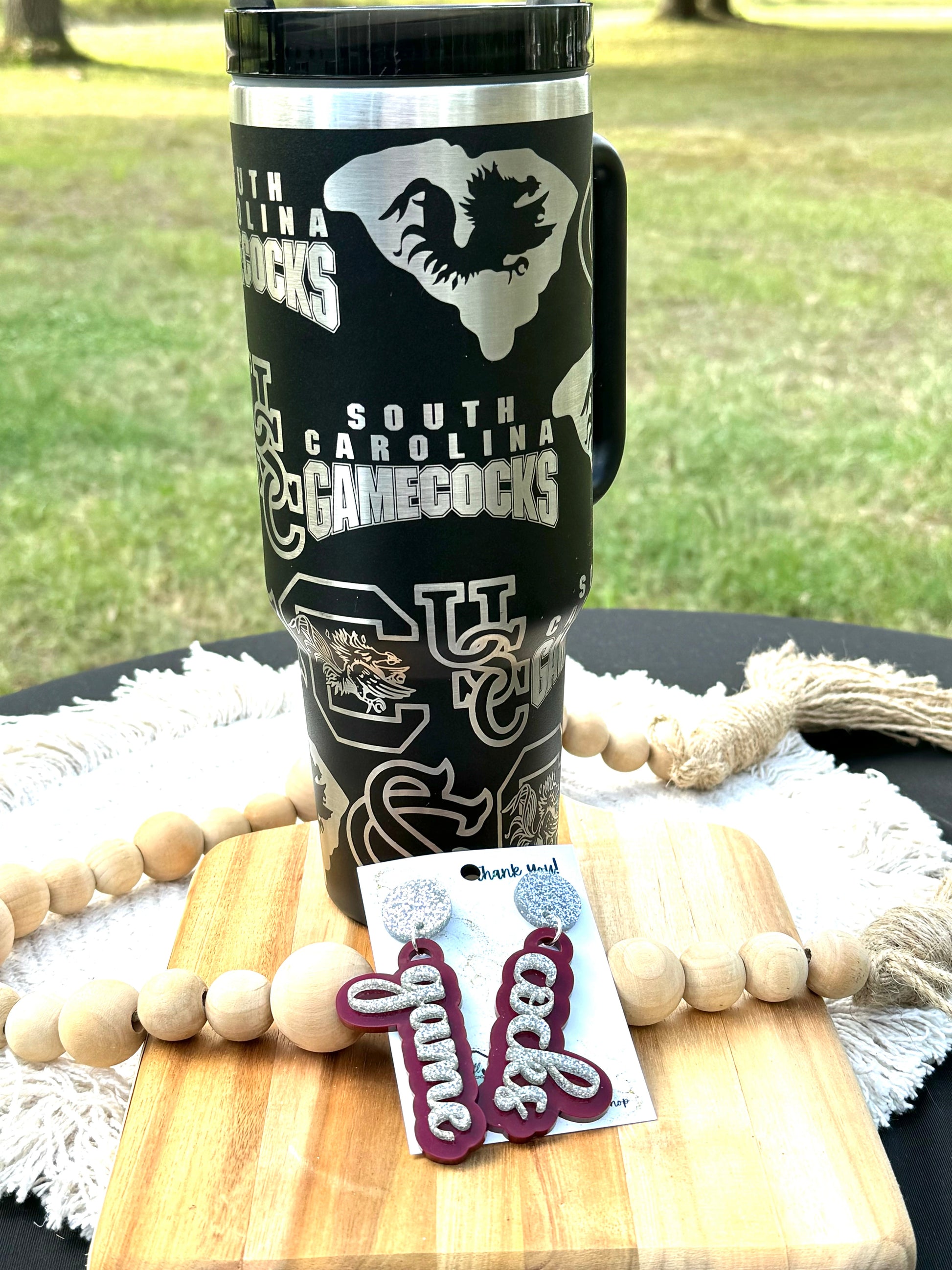 South Carolina Gamecock gameday accessories| GO COCKS| USofC| USC| GAMECOCKS| 40 oz black unbranded stainless steel