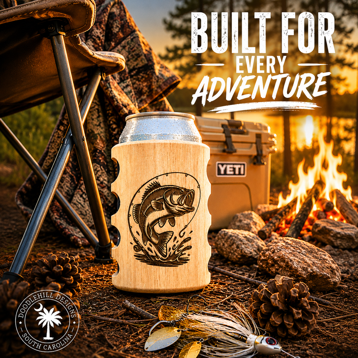 Fish Engraved Wooden Can Holder with Finger Grips | Insulated Beer & Soda Holder | Father's Day Gift for Fishermen