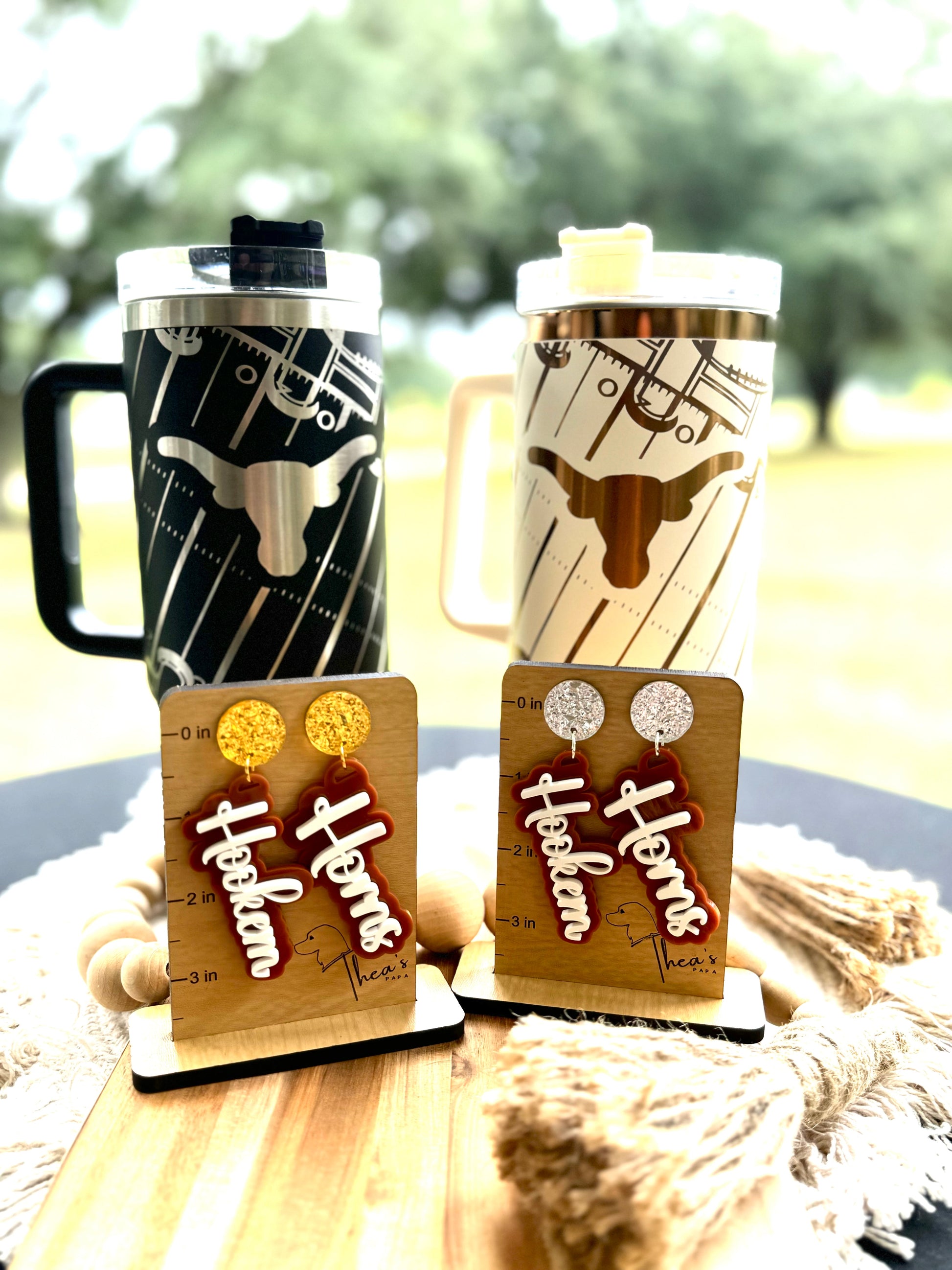 Texas longhorn game day essentials 40 oz unbranded tumbler black or white lasered engraved with a Texan longhorn