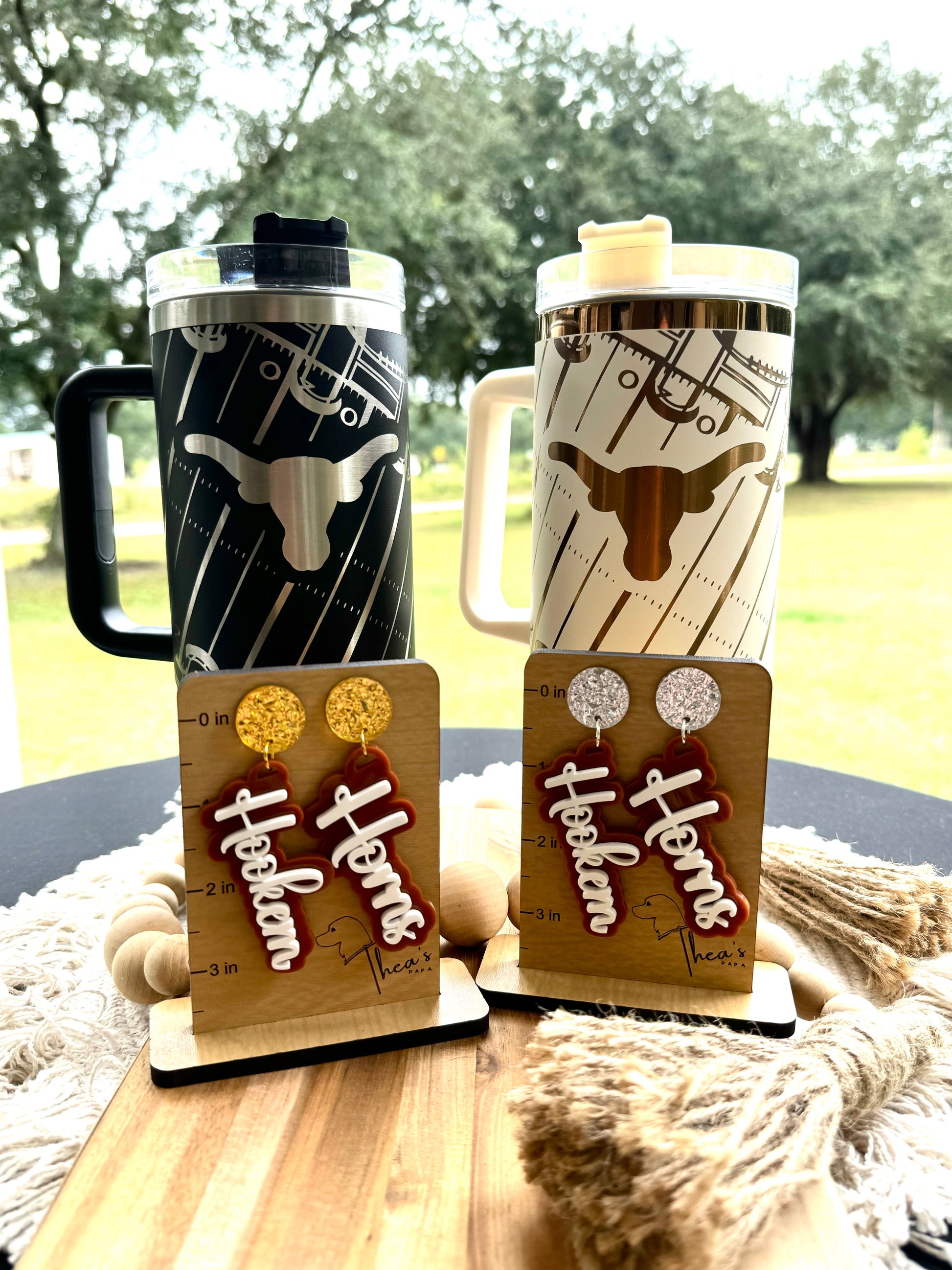 Texas longhorn game day essentials 40 oz unbranded tumbler black or white lasered engraved with a Texan longhorn