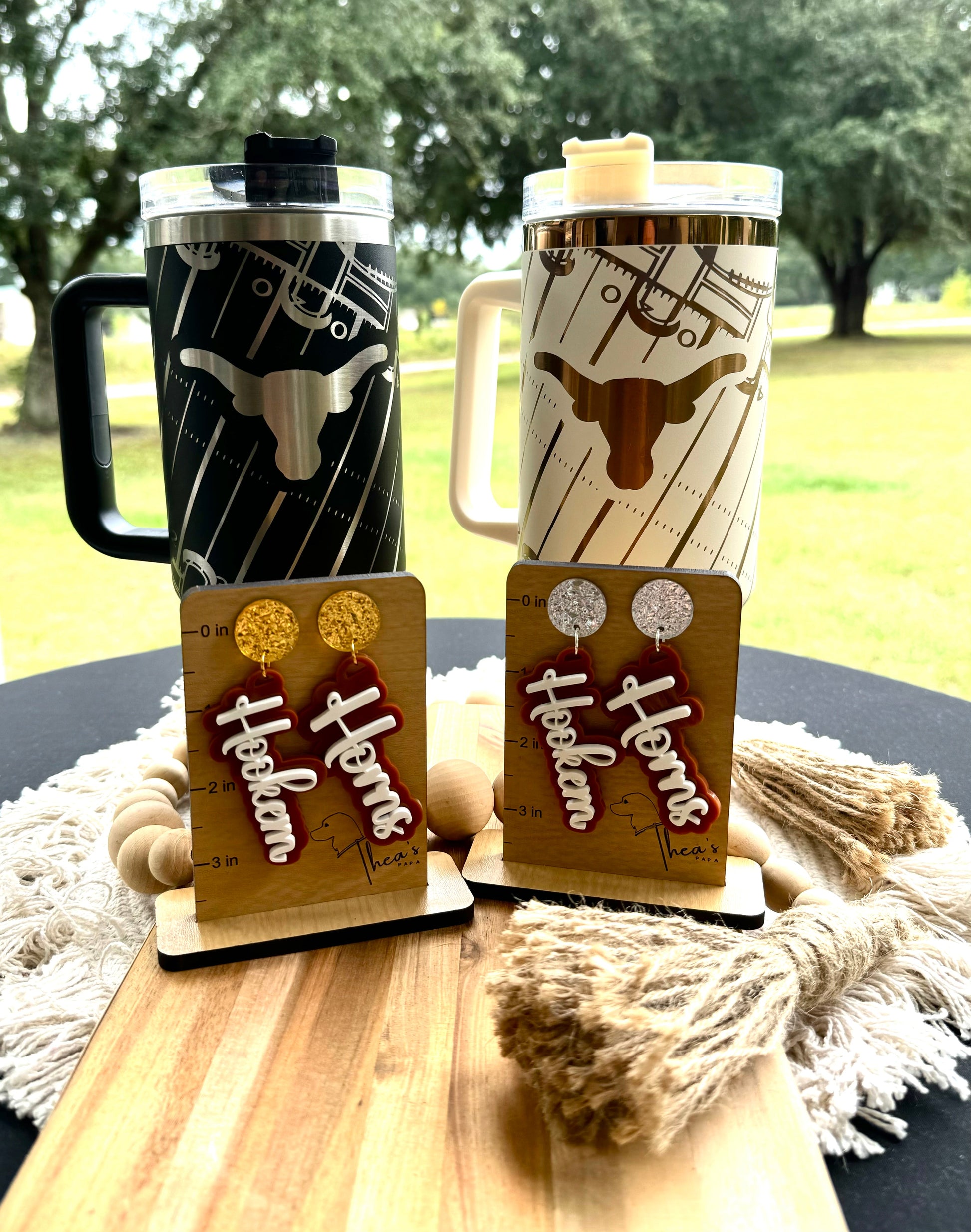 Texas longhorn game day essentials 40 oz unbranded tumbler black or white lasered engraved with a Texan longhorn