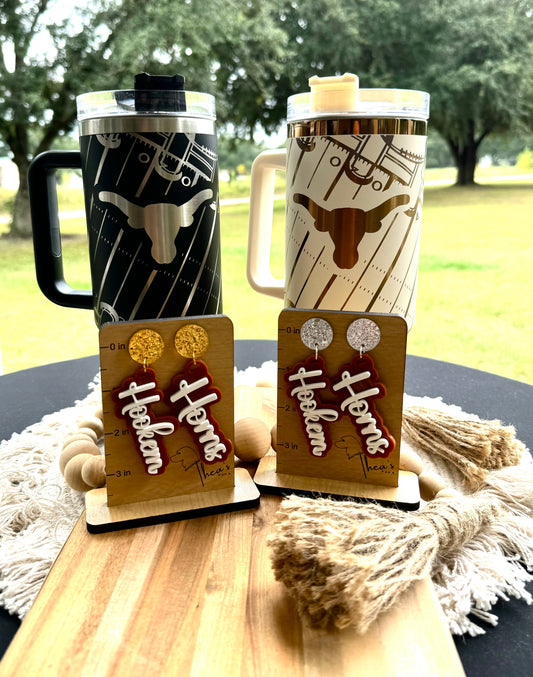 Texas longhorn game day essentials 40 oz unbranded tumbler black or white lasered engraved with a Texan longhorn