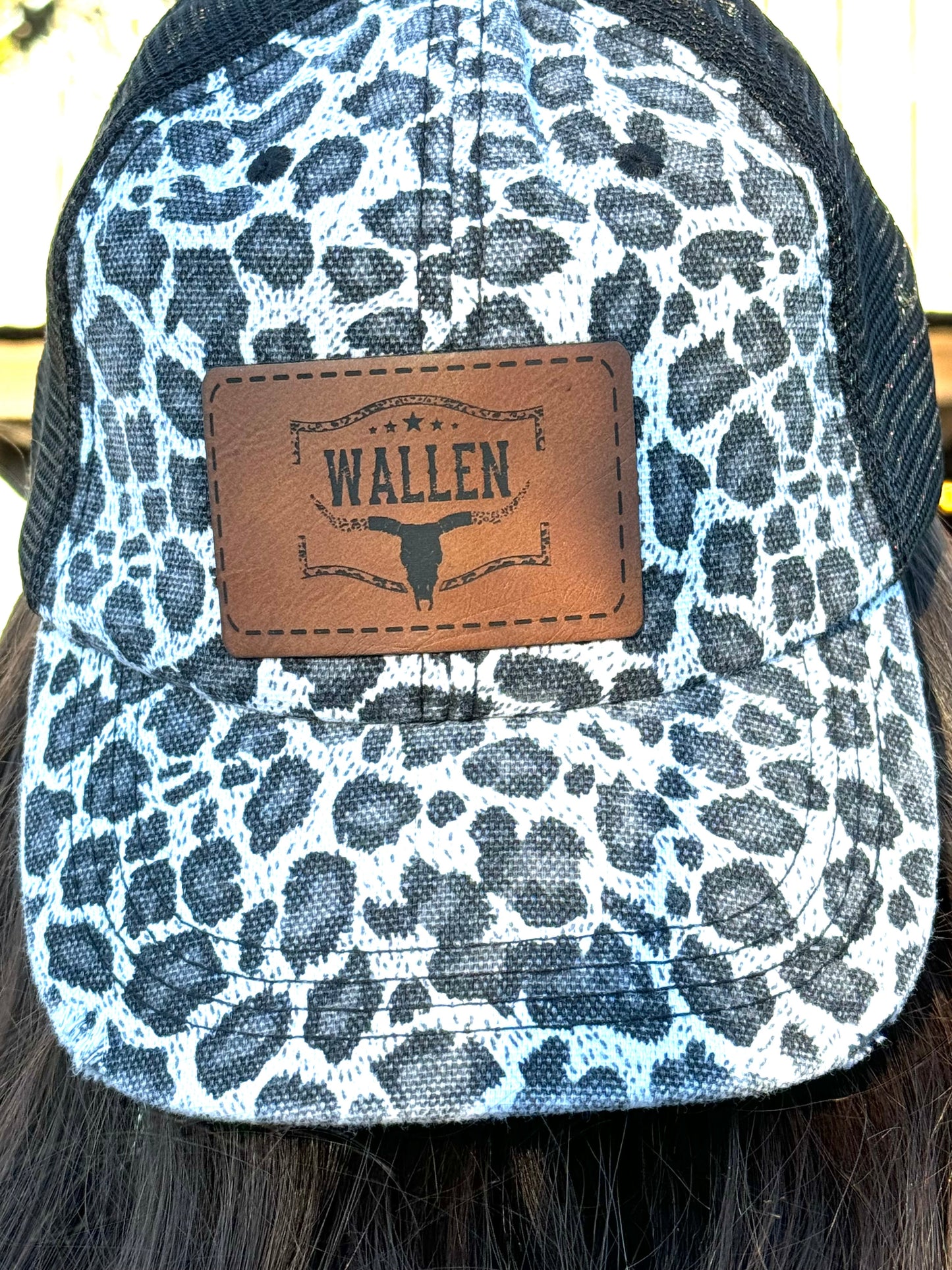 Women’s Leopard Trucker Hat – Leopard Print with Black or Brown Mesh Leather Patch Bull Cow Silhouette ’Wallen’