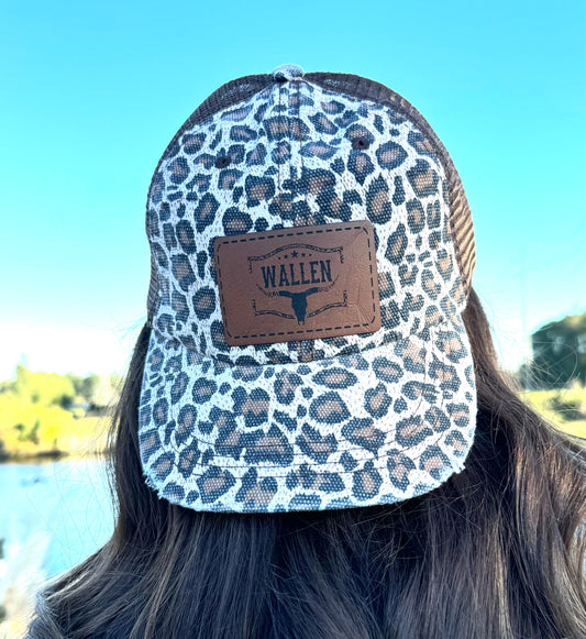 Women’s Leopard Trucker Hat – Leopard Print with Black or Brown Mesh Leather Patch Bull Cow Silhouette ’Wallen’